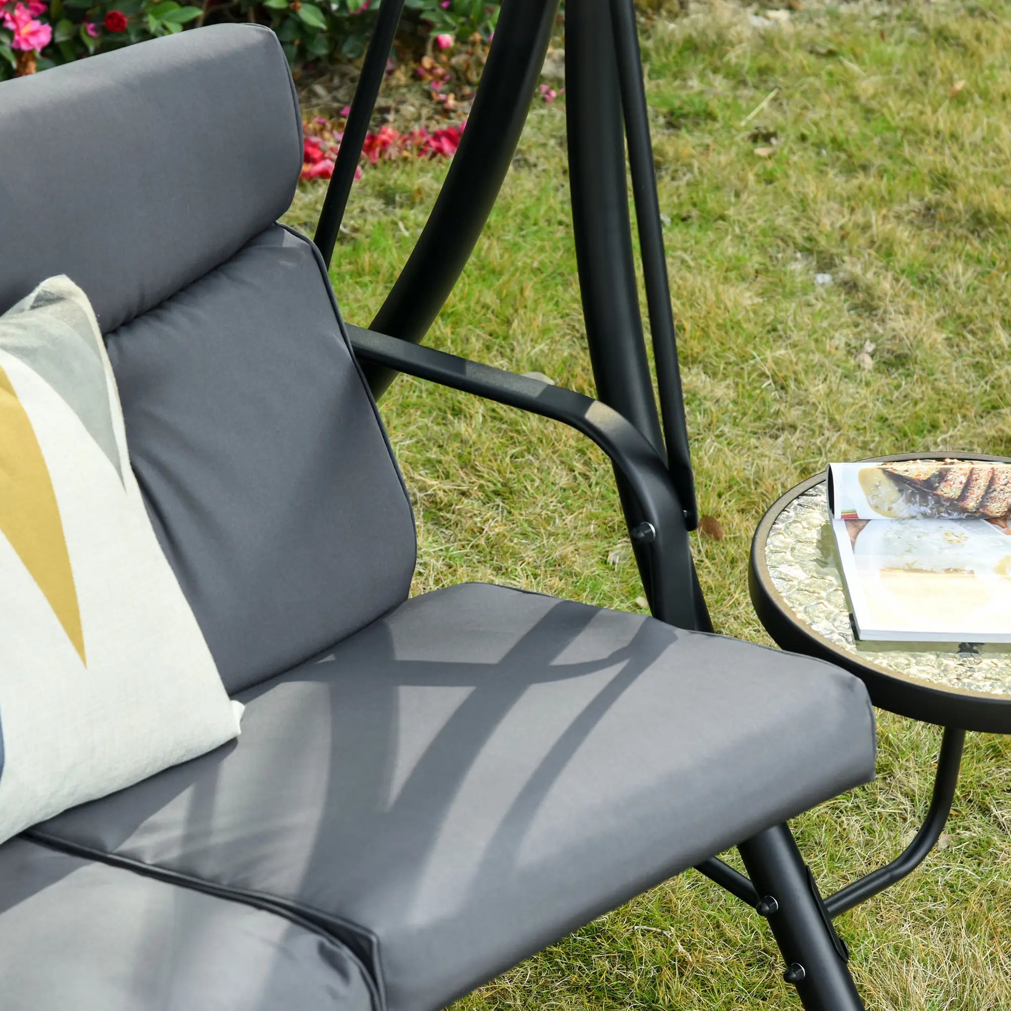 3 Seat Outdoor Swing Chair Steel Bench with Adjustable Canopy, Dark Grey Patio Swings with Stand at Gallery Canada