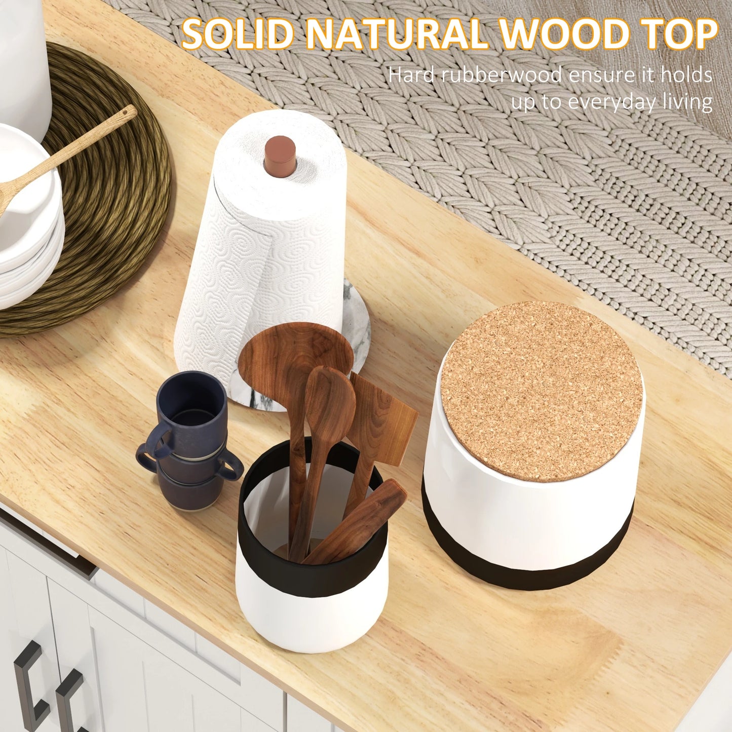 Modern Kitchen Island Cart, Natural Wood Top, Towel Rack, Door Storage, White Kitchen Islands & Kitchen Carts at Gallery Canada