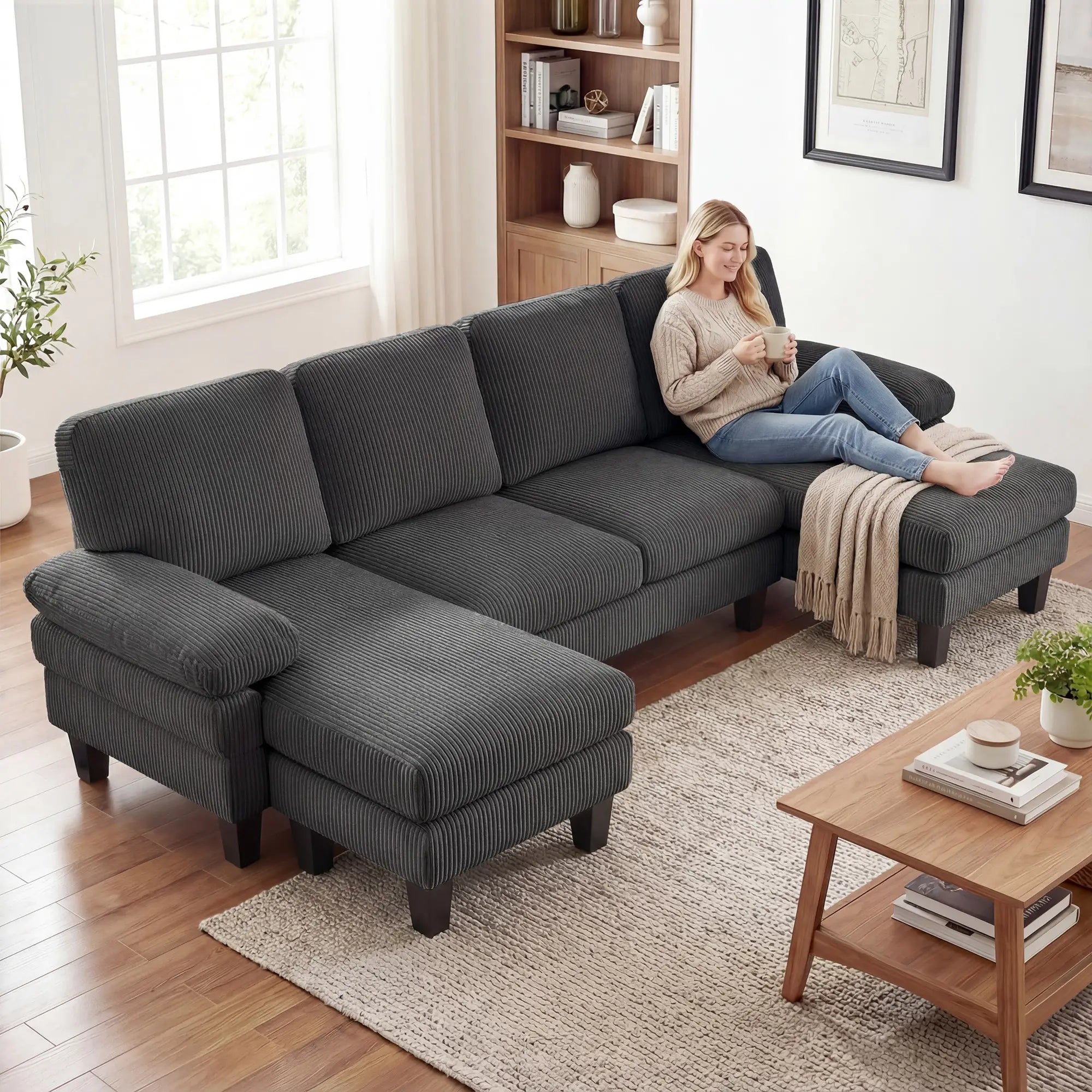U Shaped Sectional Sofa, Double Chaise, 2200lb Capacity, Dark Grey 3-Seater Sofas at Gallery Canada