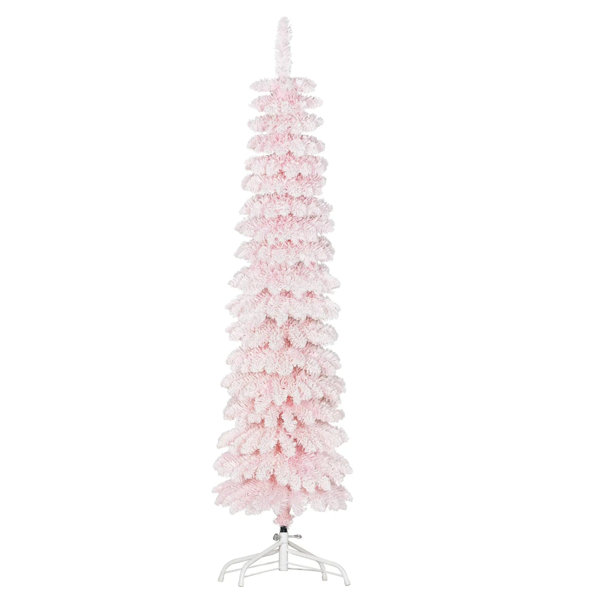 5ft Snow-Flocked Slim Pencil Christmas Tree, 301 Branches, Metal Base, Pink Pencil Christmas Trees Pink at Gallery Canada