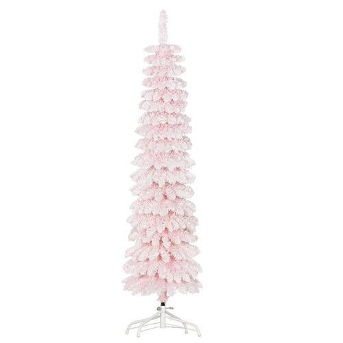 5ft Snow-Flocked Slim Pencil Christmas Tree, 301 Branches, Metal Base, Pink