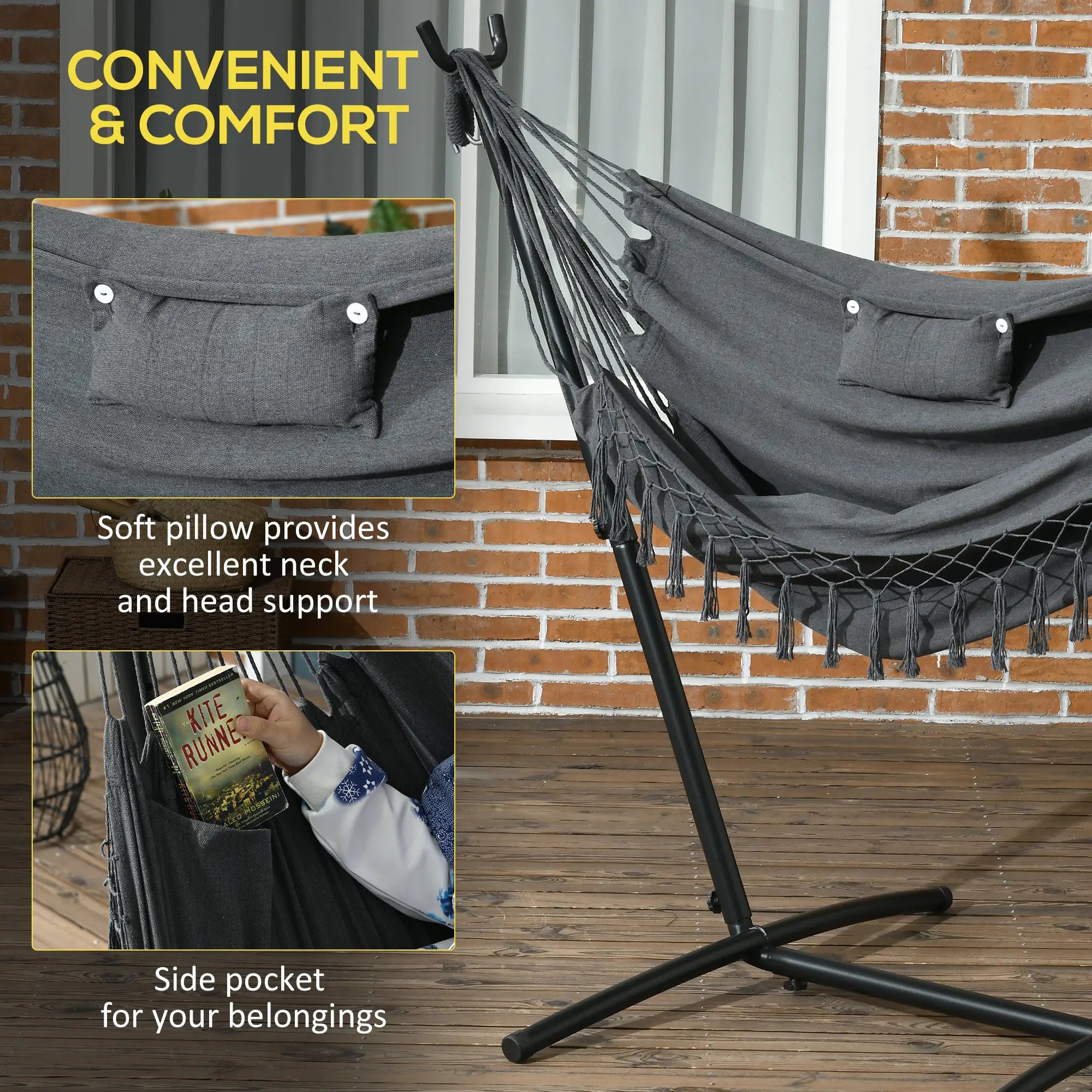 Outdoor Hammock Chair With Stand, Side Pocket And Headrest, Dark Grey Patio Swings with Stand at Gallery Canada