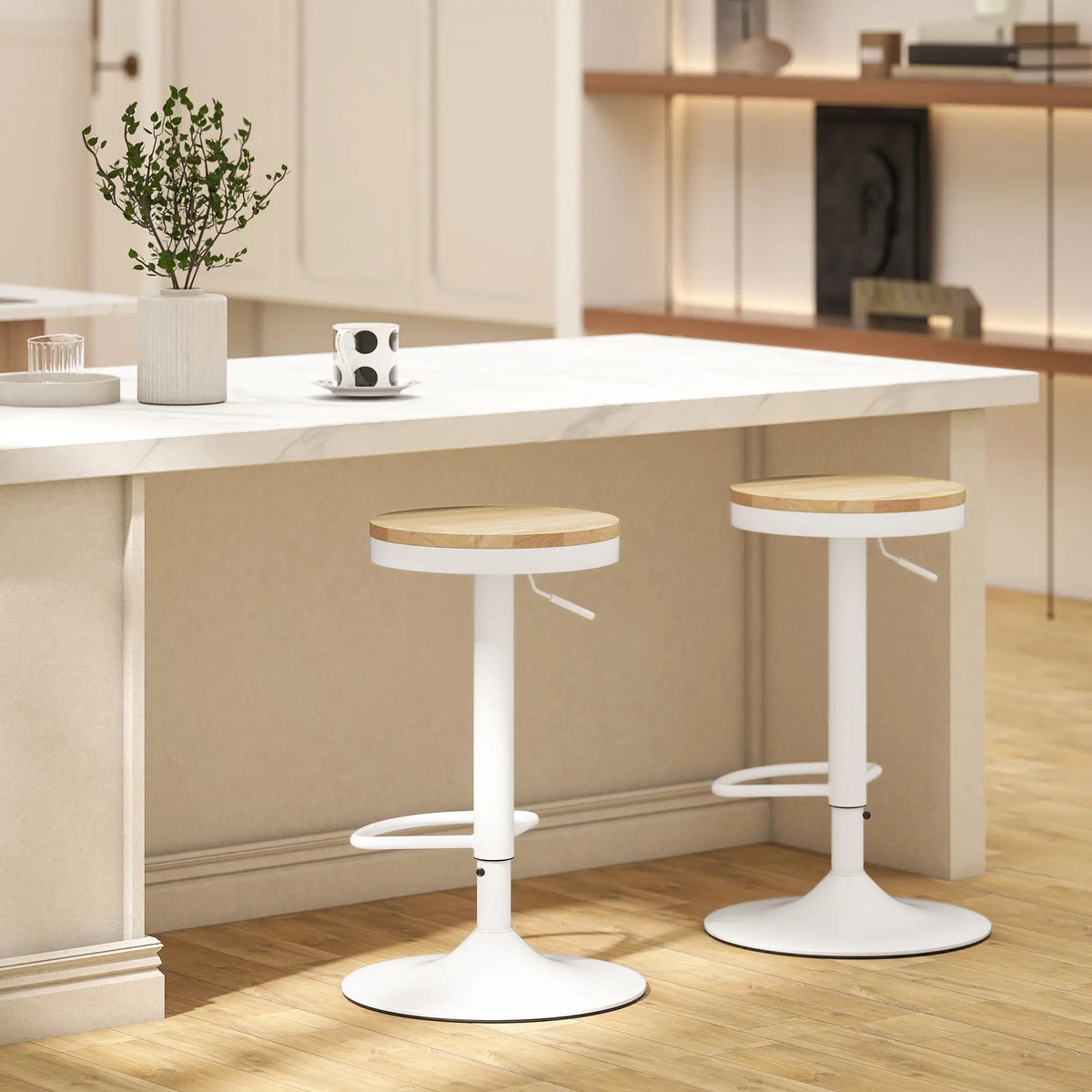 Swivel Bar Stools Set of 2, Adjustable Height, Natural Wood, White Bar Stools at Gallery Canada