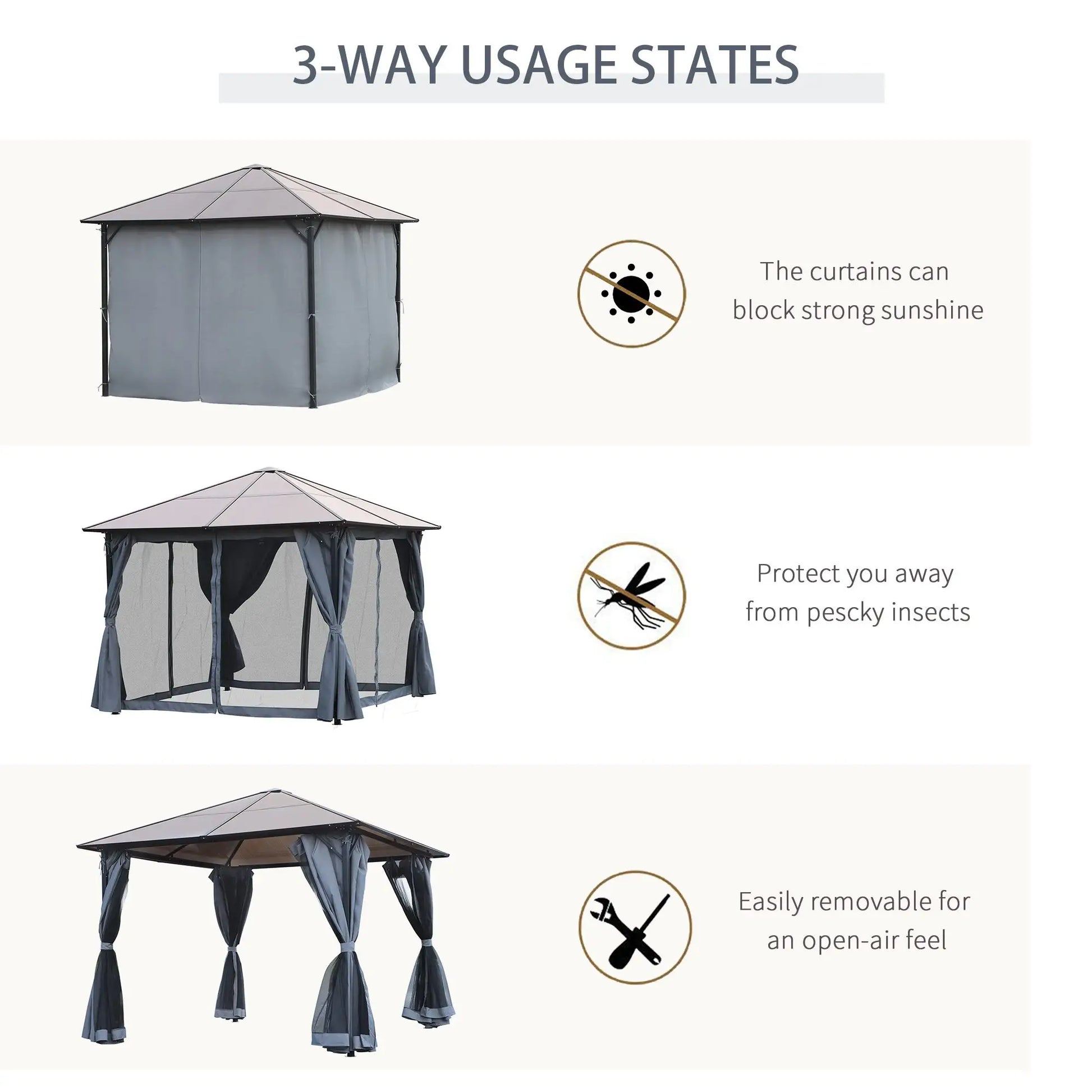 9.8' x 9.8' Aluminum Gazebo, Hardtop Roof, Mesh Curtains, Grey Gazebos at Gallery Canada