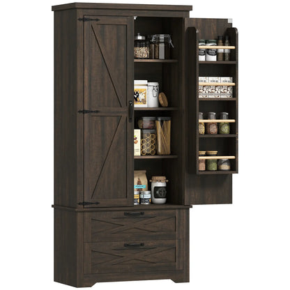 Farmhouse Kitchen Pantry Cabinet, 64", Distressed Dark Brown Kitchen Pantry Cabinets at Gallery Canada
