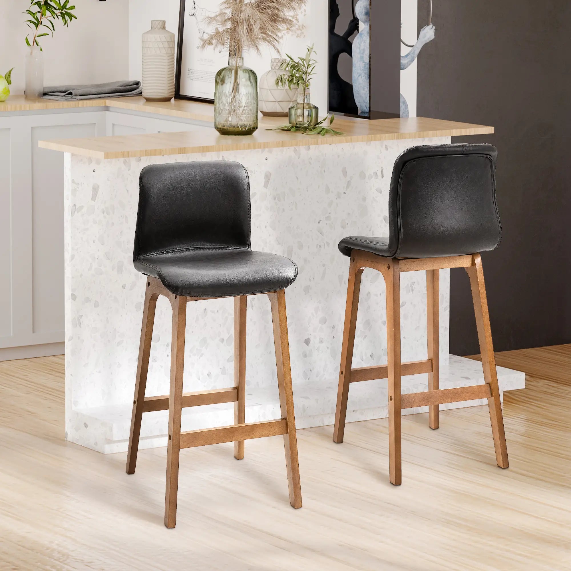 Modern Bar Stools Set of 2, Counter Height, PU Leather, Wooden Frame, Dark Brown Bar Stools at Gallery Canada