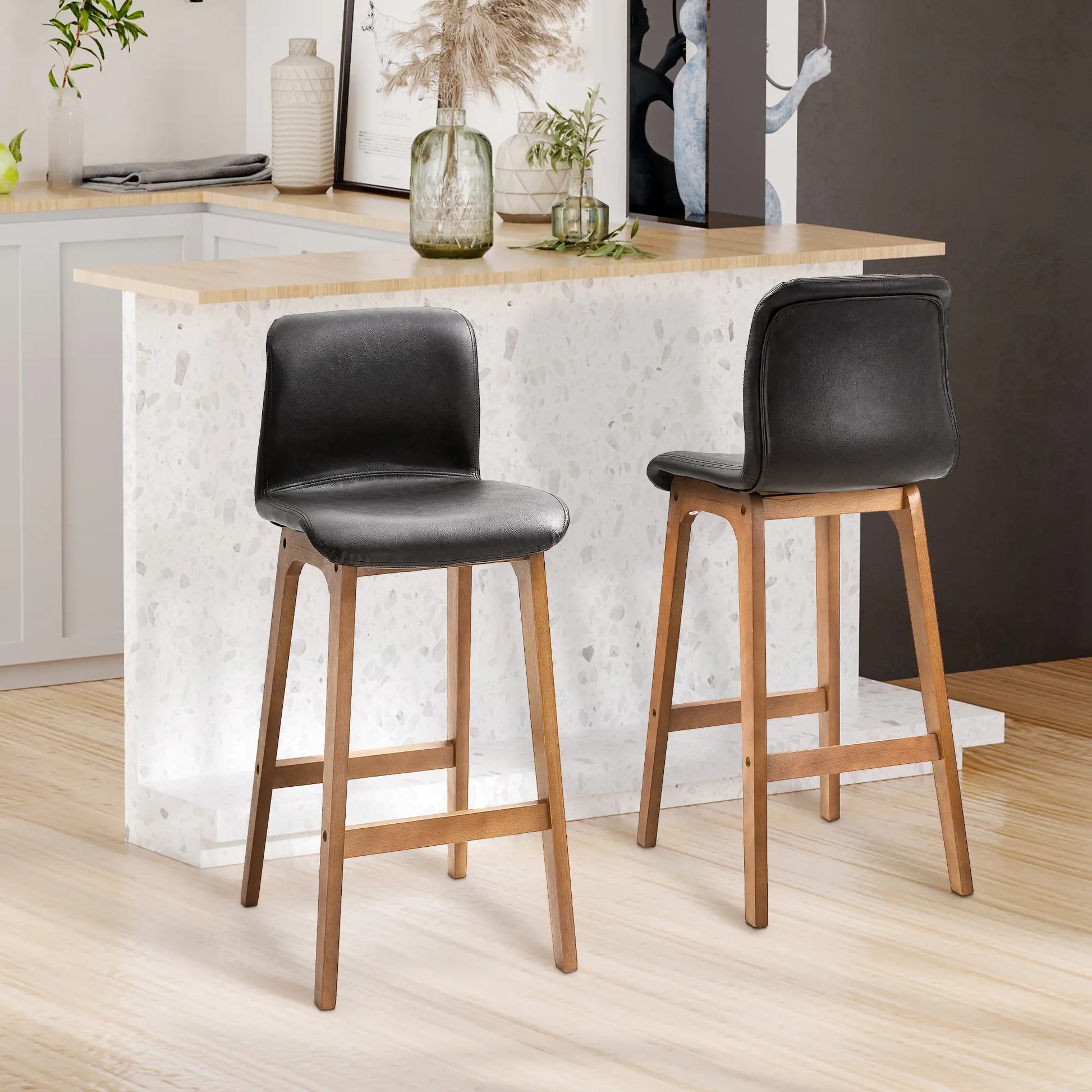 Modern Bar Stools Set of 2, Counter Height, PU Leather, Wooden Frame, Dark Brown Bar Stools at Gallery Canada