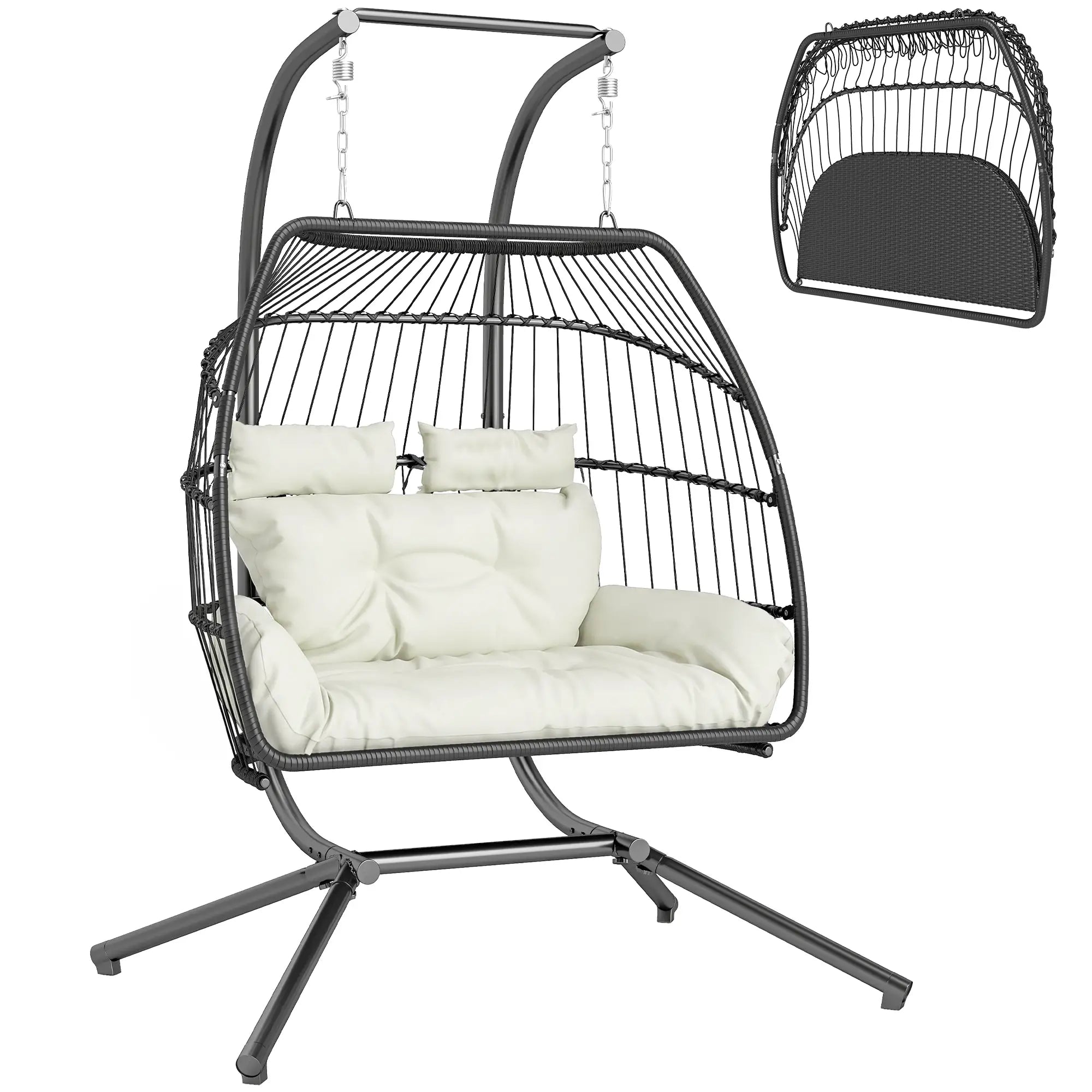 Double Wicker Egg Swing Chair, Foldable with Stand, UV Resistant Cushion, Cream White Patio Swings with Stand at Gallery Canada