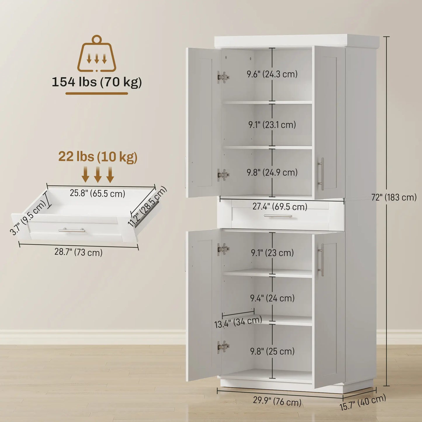 72" Storage Cabinet, Freestanding Kitchen Pantry Cabinet with 4 Doors, Drawer and 3 Adjustable Shelves, White Kitchen Pantry Cabinets at Gallery Canada