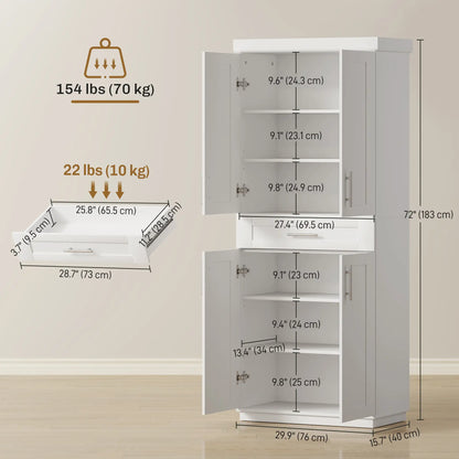 72" Storage Cabinet, Freestanding Kitchen Pantry Cabinet with 4 Doors, Drawer and 3 Adjustable Shelves, White Kitchen Pantry Cabinets at Gallery Canada