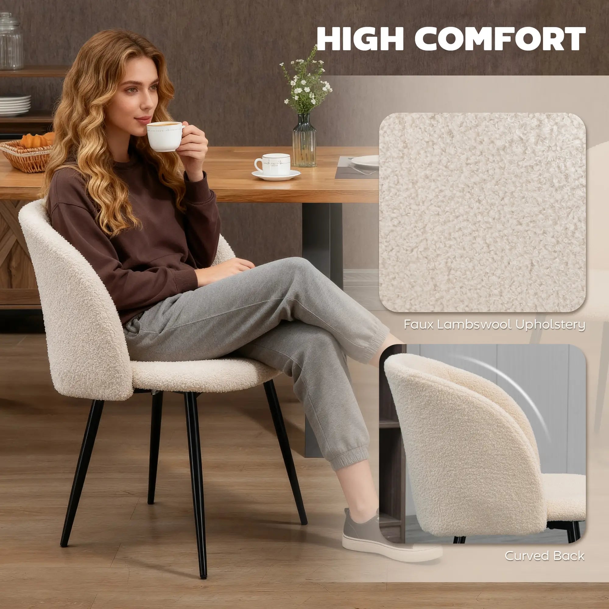 Dining Chairs Set Of 2, Sherpa Fleece Upholstered, Cream White Dining Chairs at Gallery Canada