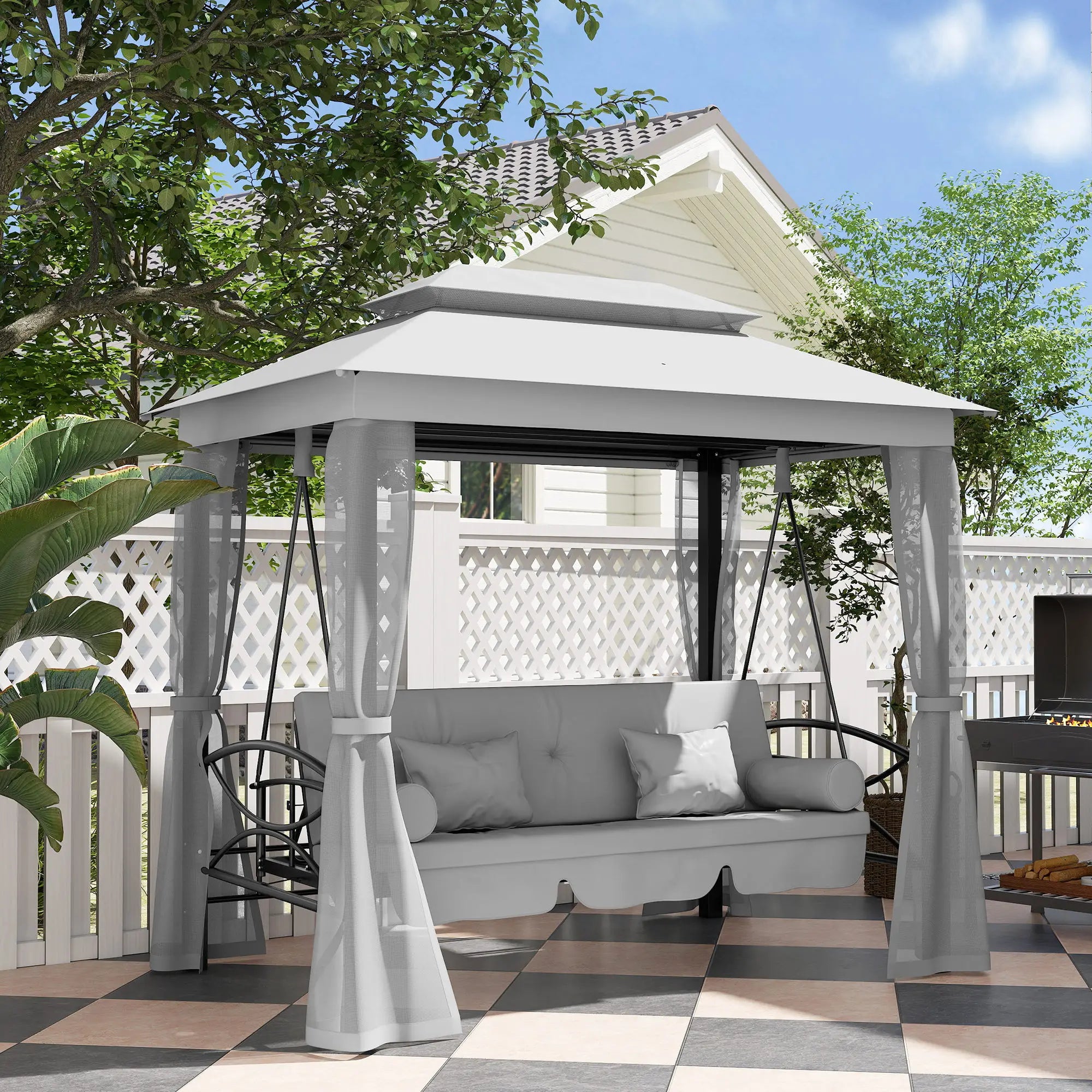 3 Person Outdoor Daybed, Canopy Gazebo Swing Chair, Grey Patio Swings with Stand at Gallery Canada
