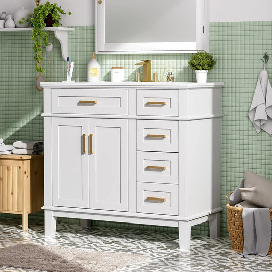 Bathroom Vanity with Ceramic Sink, Soft Close Doors, 4 Drawers, 36" L x 18.5" W x 35" H, White Sink Cabinets White at Gallery Canada
