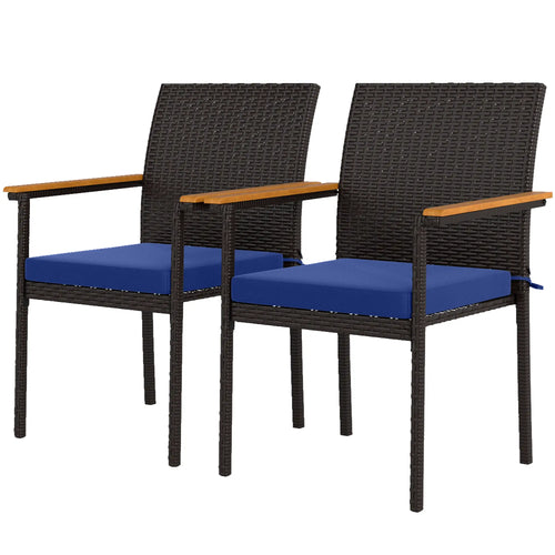 Stackable Wicker Patio Chairs, Set of 2, Removable Cushion, Armrest, Navy Blue