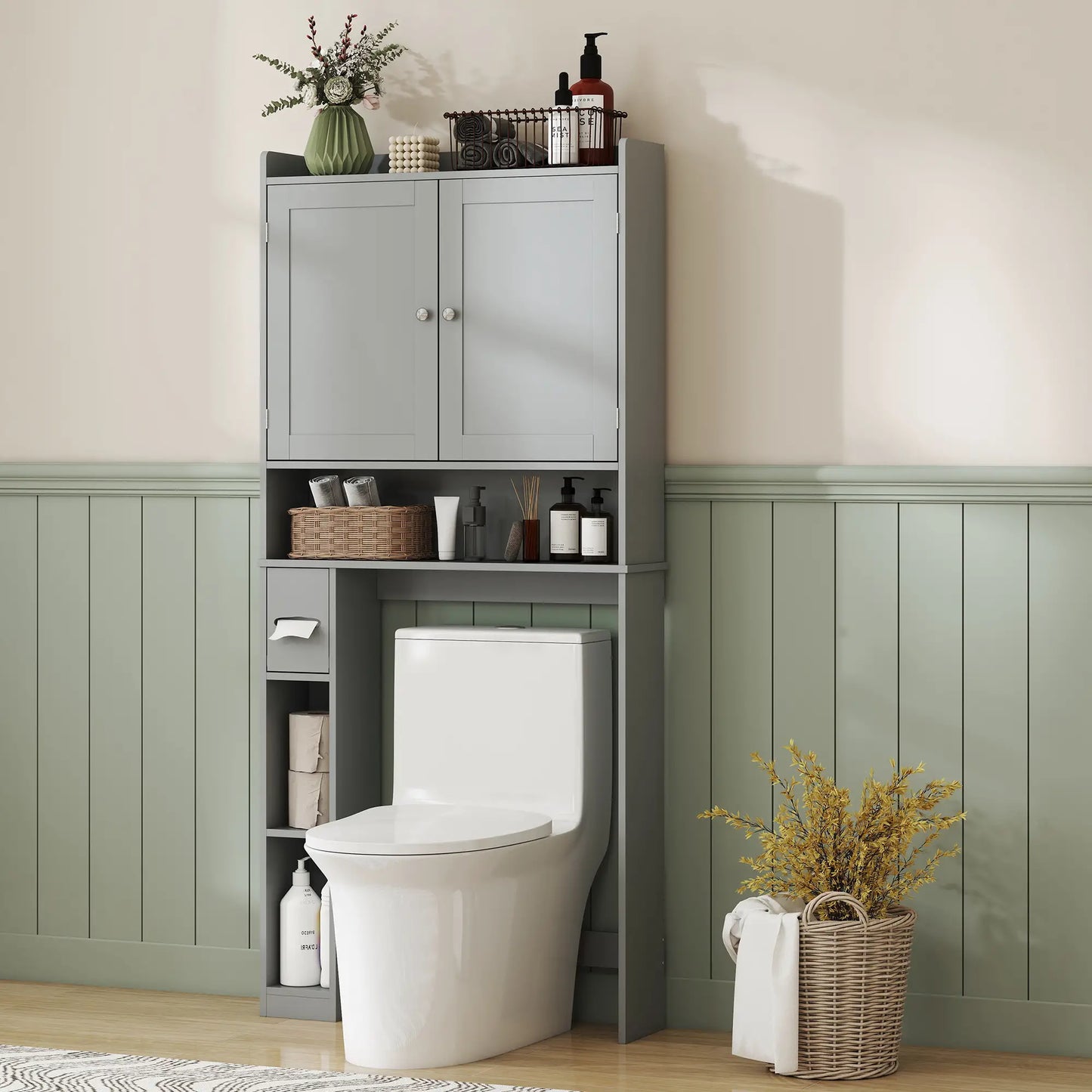 Over Toilet Storage Cabinet, 2 Doors, Toilet Paper Holder, Grey Bathroom Cabinets at Gallery Canada