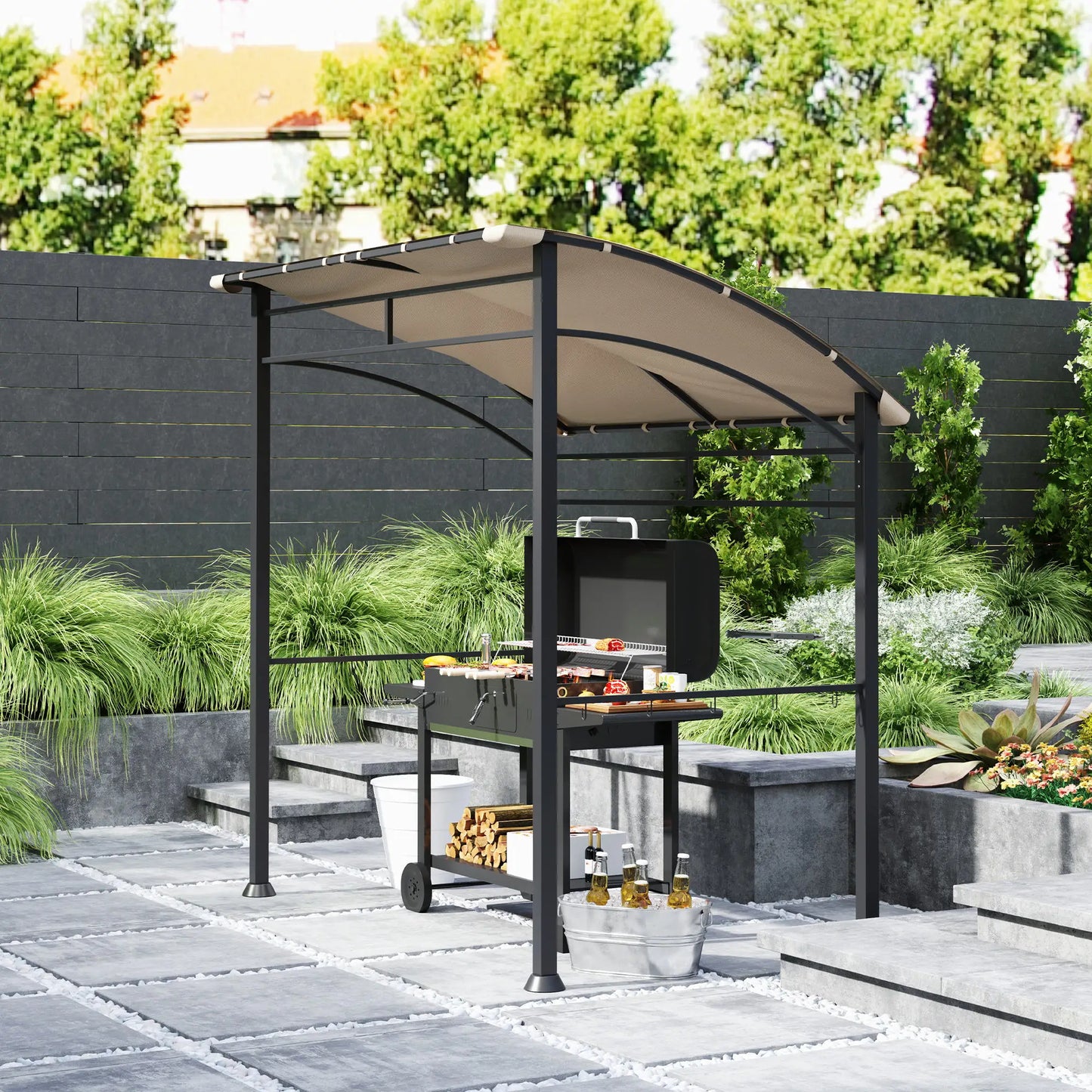 7' x 5' BBQ Grill Gazebo Tent, Steel Frame, Hooks, Khaki BBQ Grill Gazebos at Gallery Canada