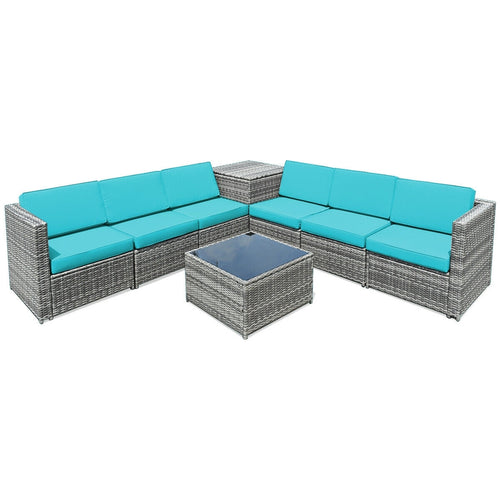 8 Piece Wicker Rattan Patio Dining Set, With Storage Table, Turquoise