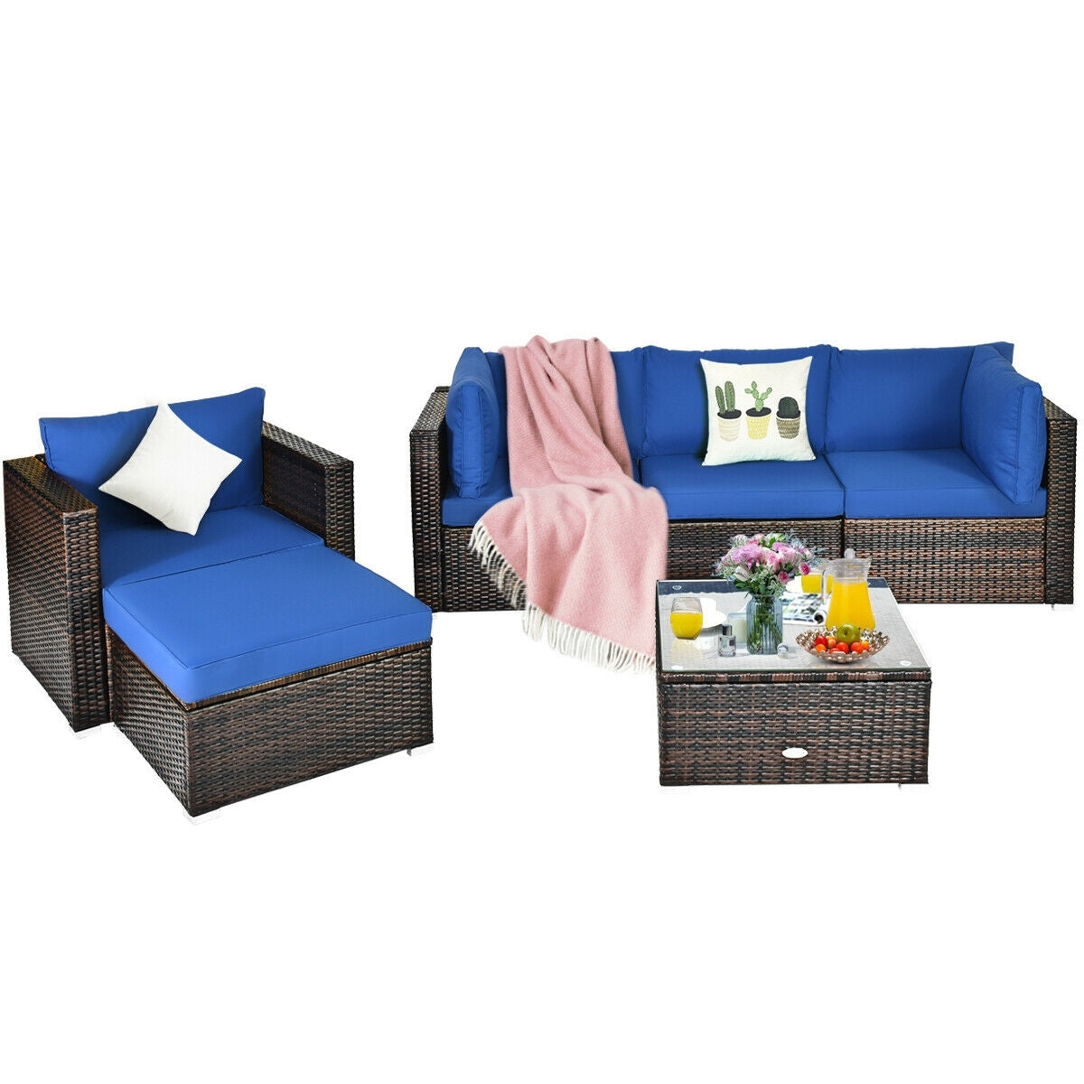 6 Pieces Patio Rattan Furniture Set with Sectional Cushion, Blue Outdoor Sectionals at Gallery Canada