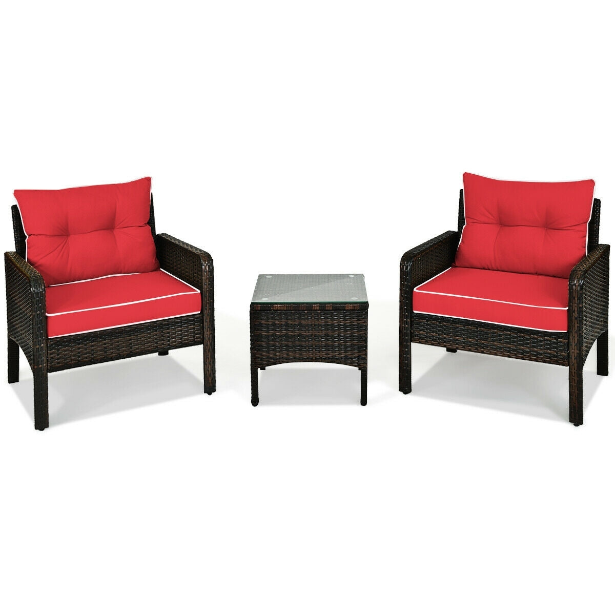 3 Pcs Outdoor Patio Rattan Conversation Set with Seat Cushions, Red Patio Conversation Sets at Gallery Canada