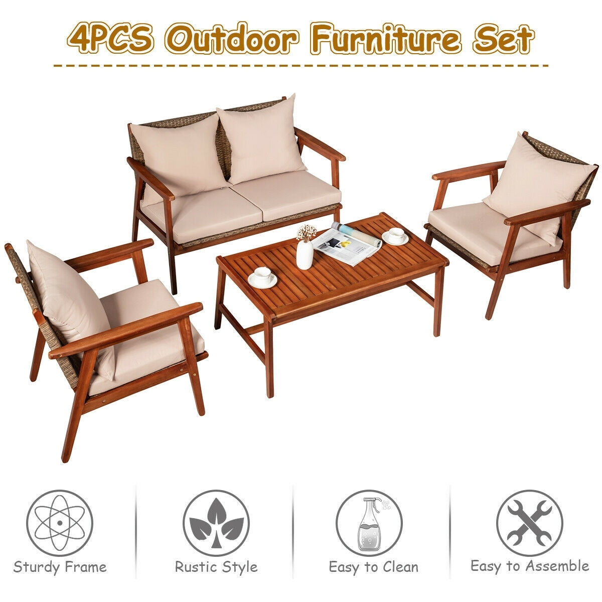 4 Pieces Acacia Wood Patio Rattan Furniture Set, Brown Patio Conversation Sets at Gallery Canada