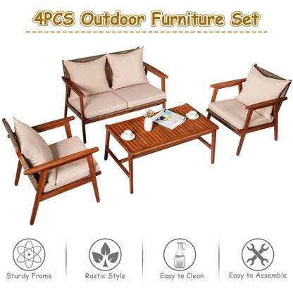 4 Pieces Acacia Wood Patio Rattan Furniture Set, Brown Patio Conversation Sets at Gallery Canada