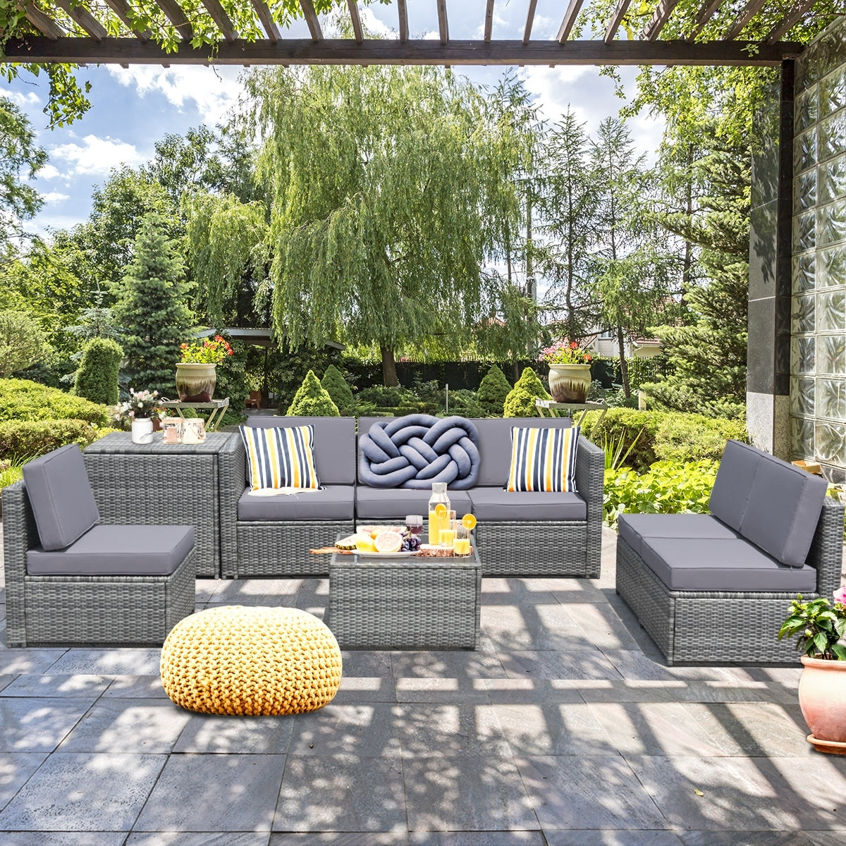 8 Pieces Wicker Rattan Dining Set, With Storage Table, Gray Outdoor Sectionals at Gallery Canada