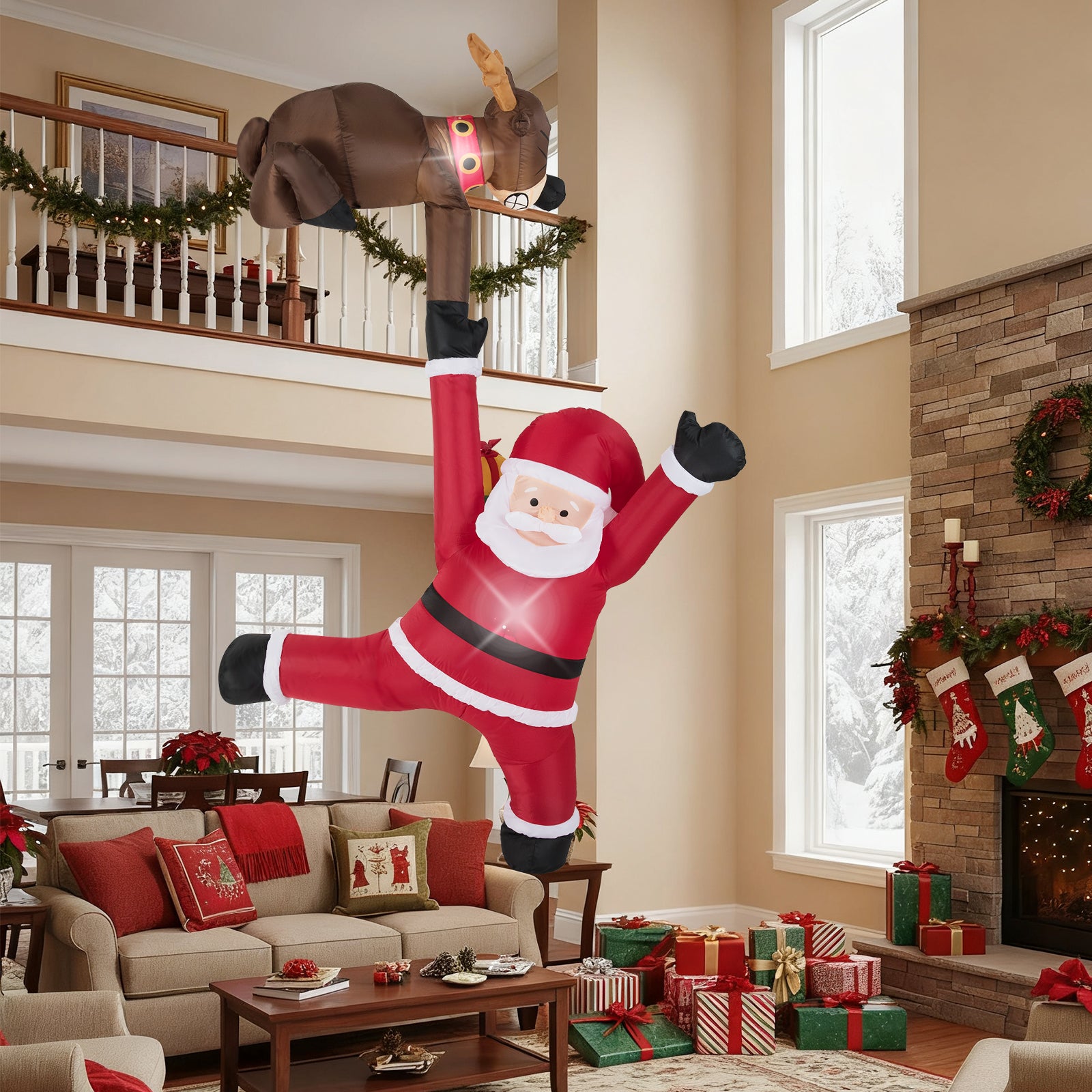8.5 Feet Inflatable Reindeer, Climbing Santa Claus, LED Lights, Multicolor Christmas Inflatables at Gallery Canada