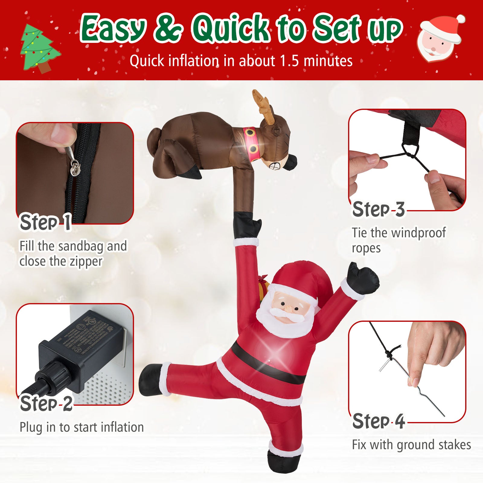 8.5 Feet Inflatable Reindeer, Climbing Santa Claus, LED Lights, Multicolor Christmas Inflatables at Gallery Canada