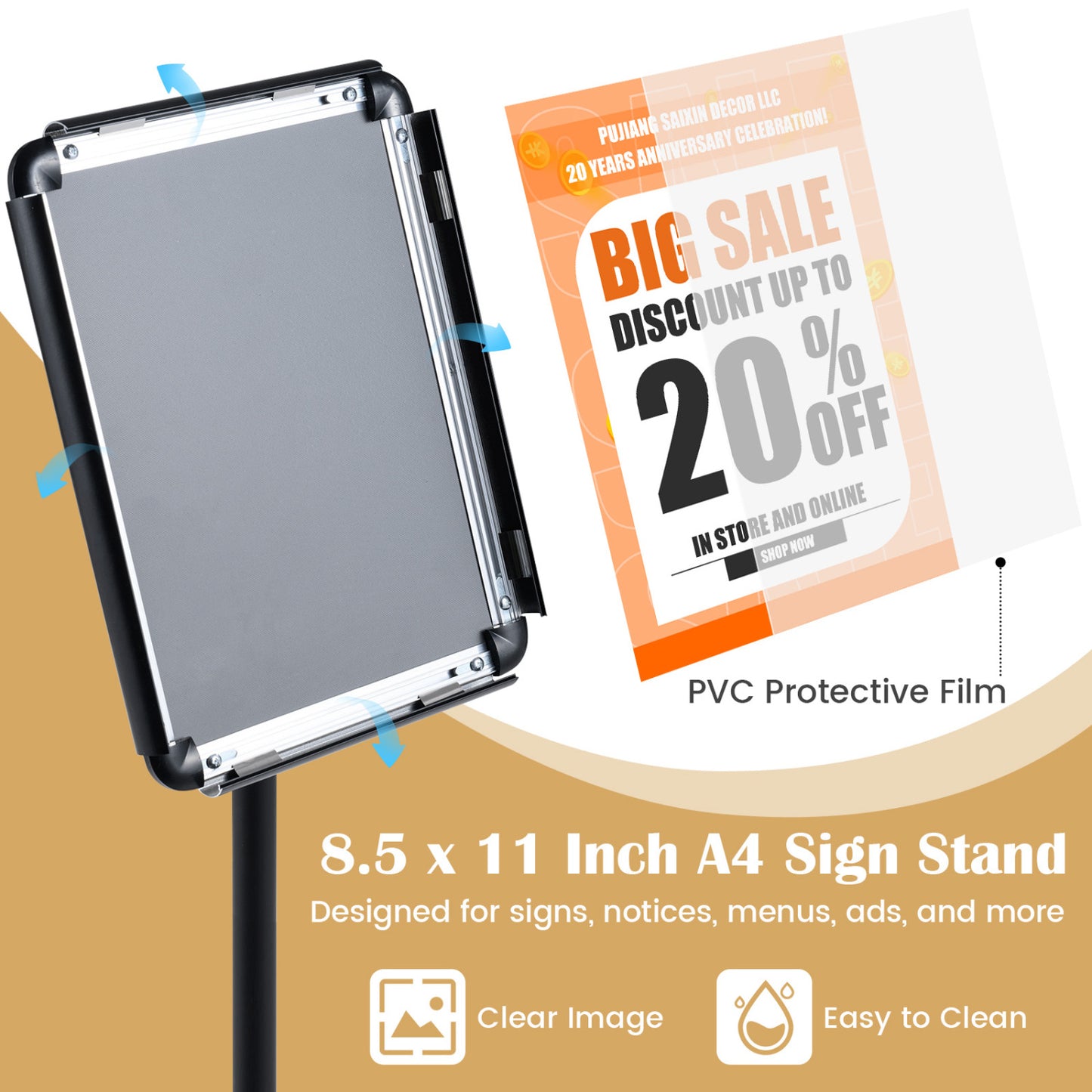 8.5x11Inch Sign Holder Stand, Snap-Open Frame, 360° Rotation, Black