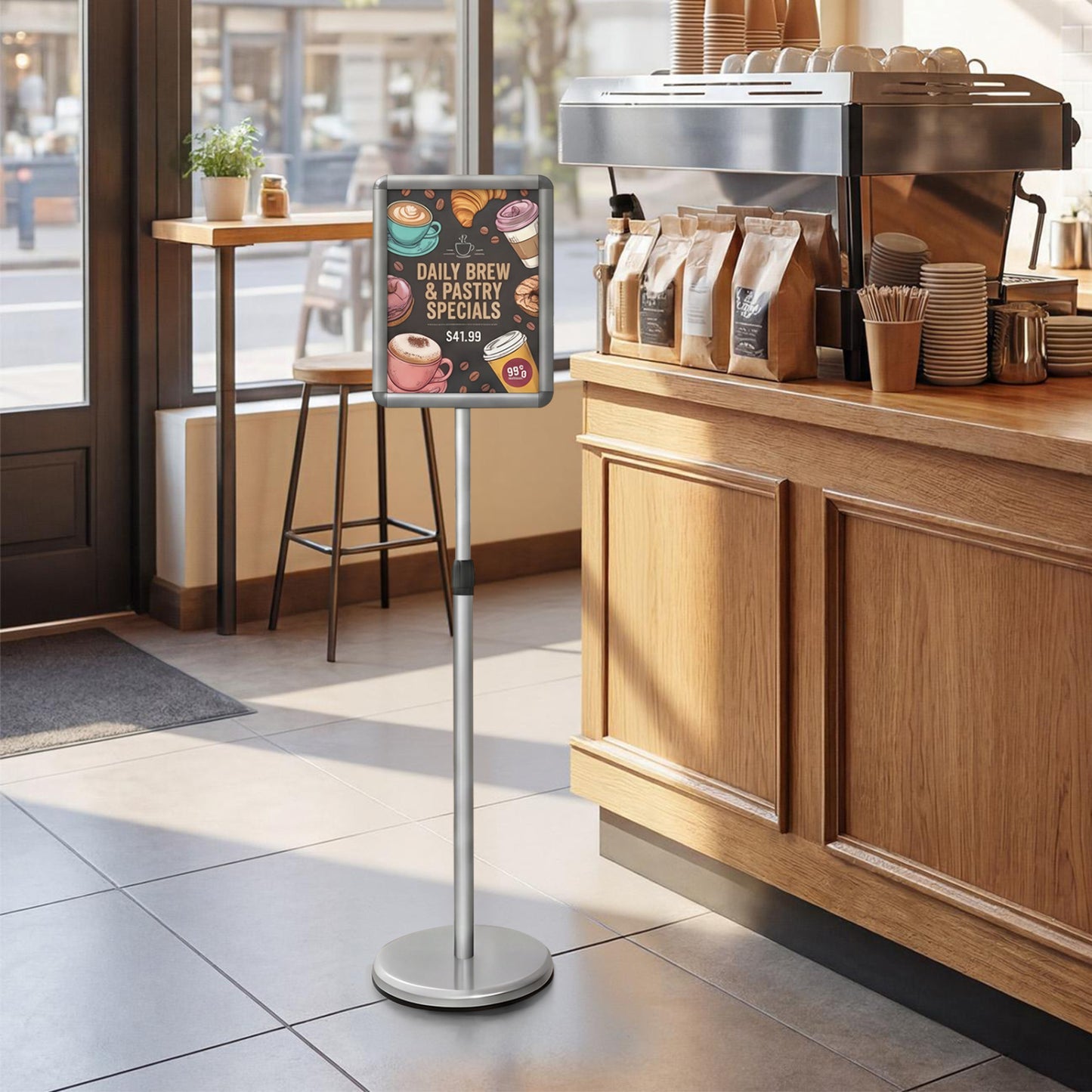 8.5X11Inch Sign Holder Stand, 360° Rotation, Snap-Open Frame, Silver