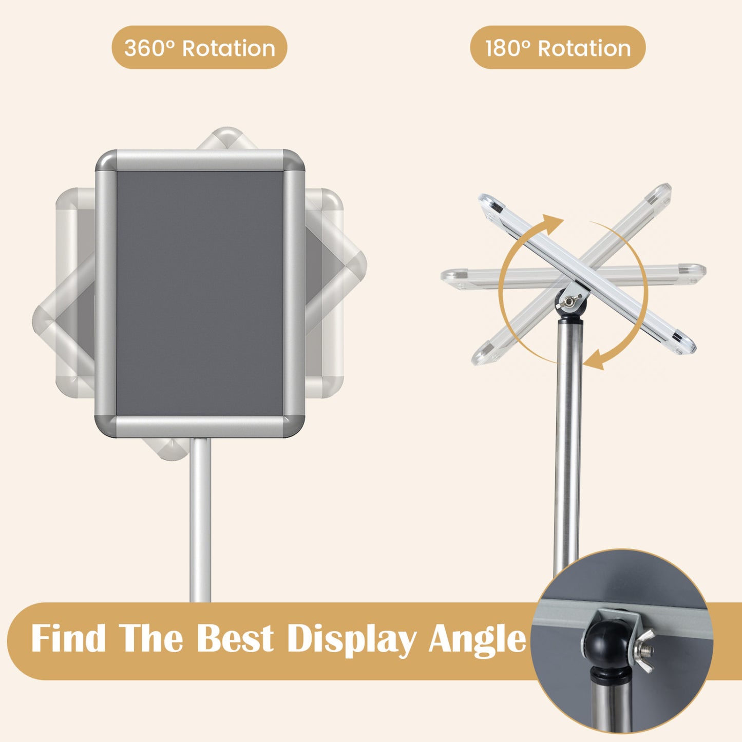 8.5X11Inch Sign Holder Stand, 360° Rotation, Snap-Open Frame, Silver