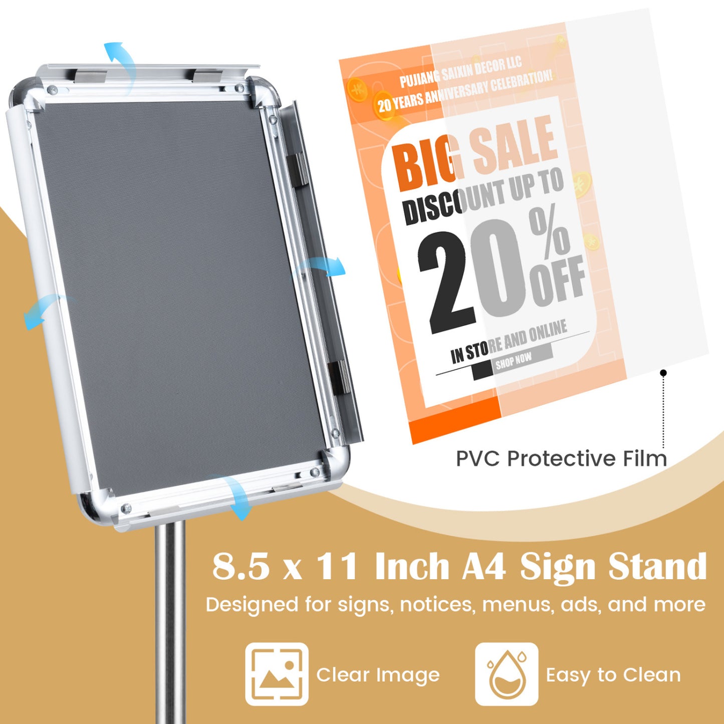 8.5X11Inch Sign Holder Stand, 360° Rotation, Snap-Open Frame, Silver
