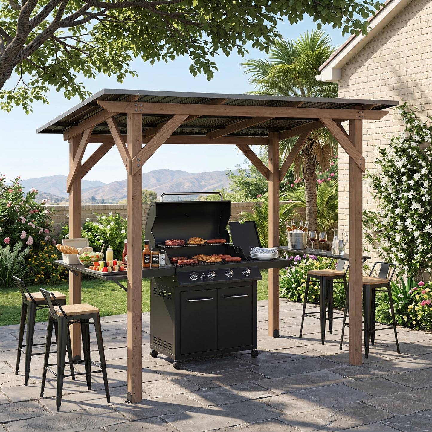 8.6 ft x 5 ft Cedar Wood BBQ Gazebo, Brown
