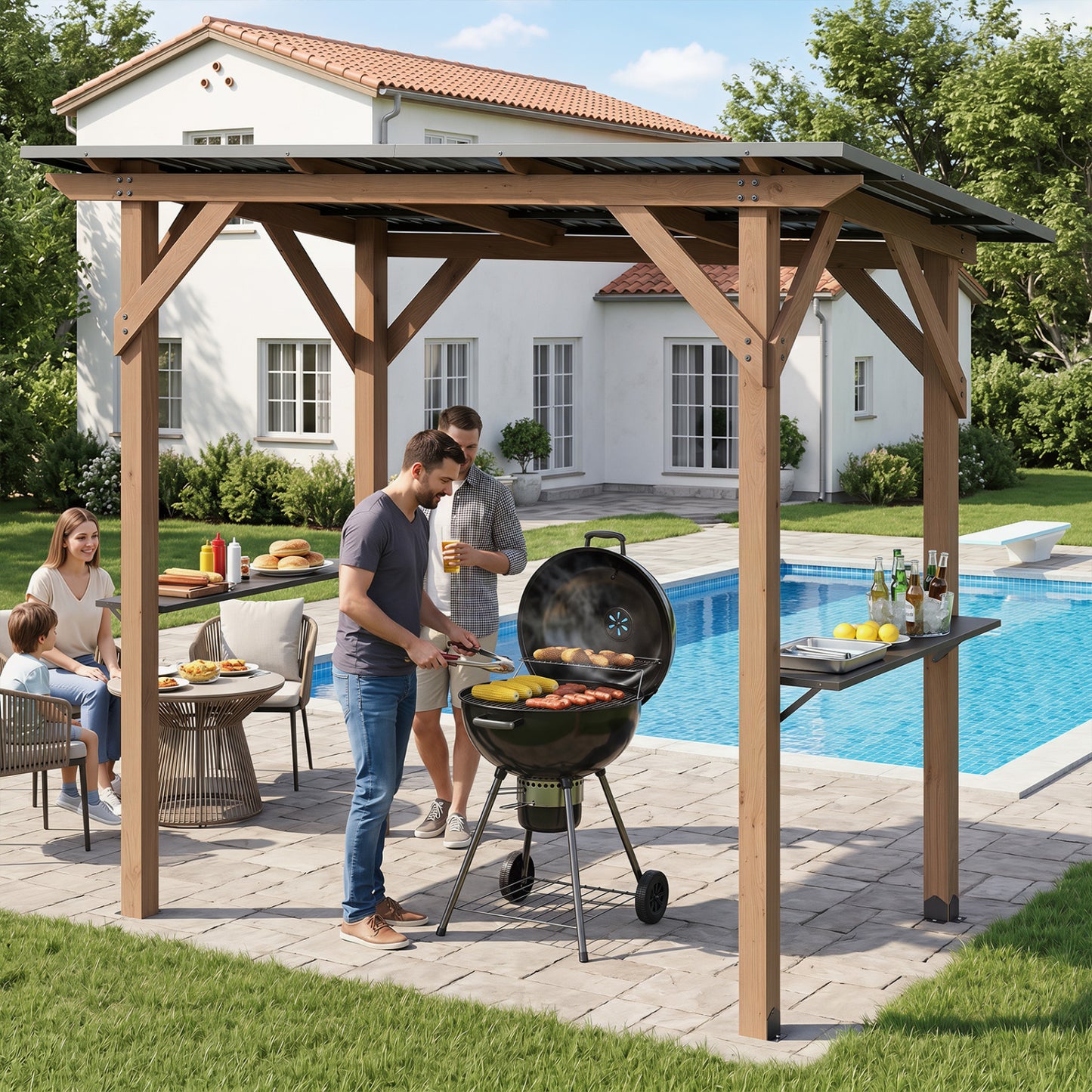 8.6 ft x 5 ft Cedar Wood BBQ Gazebo, Brown