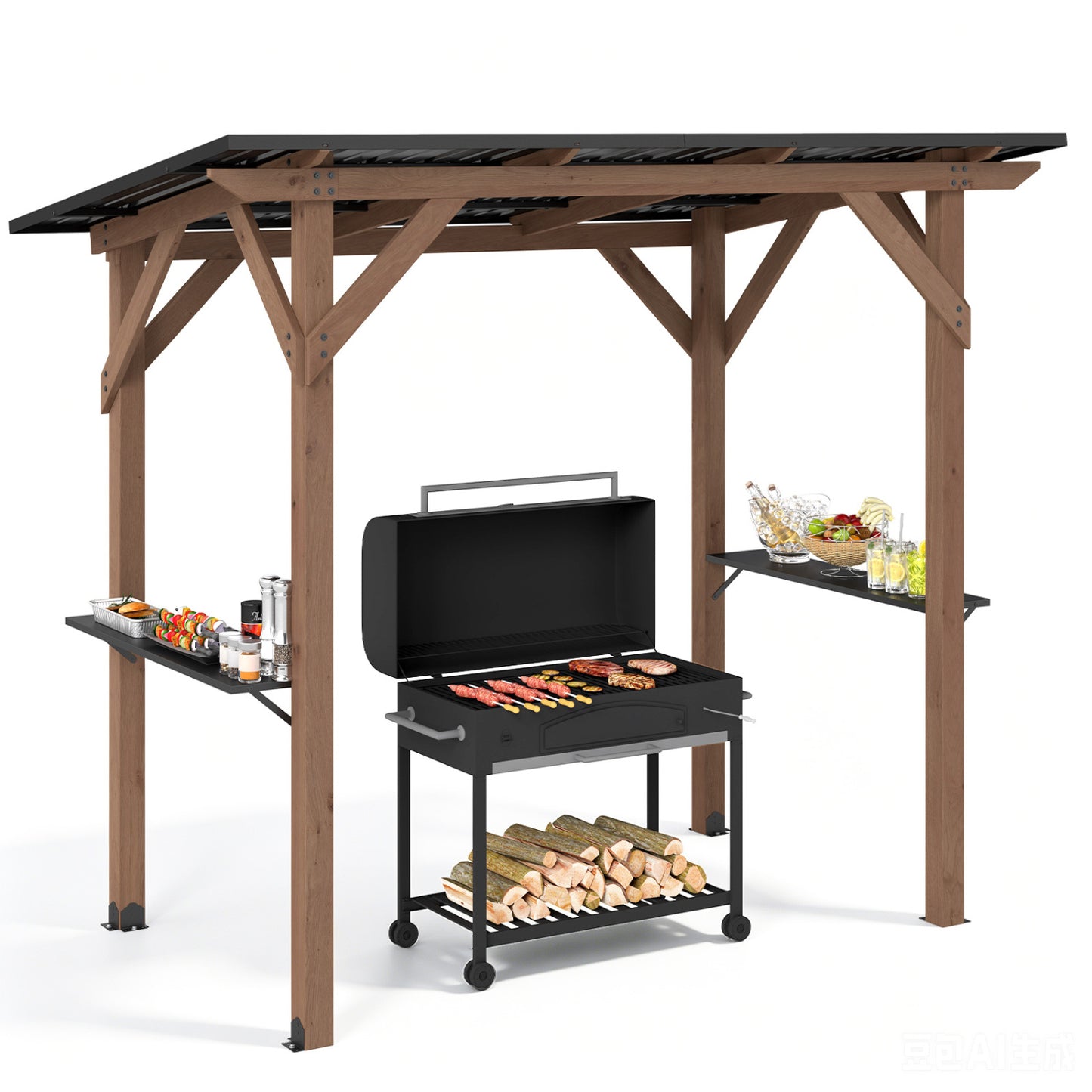 8.6 ft x 5 ft Cedar Wood BBQ Gazebo, Brown