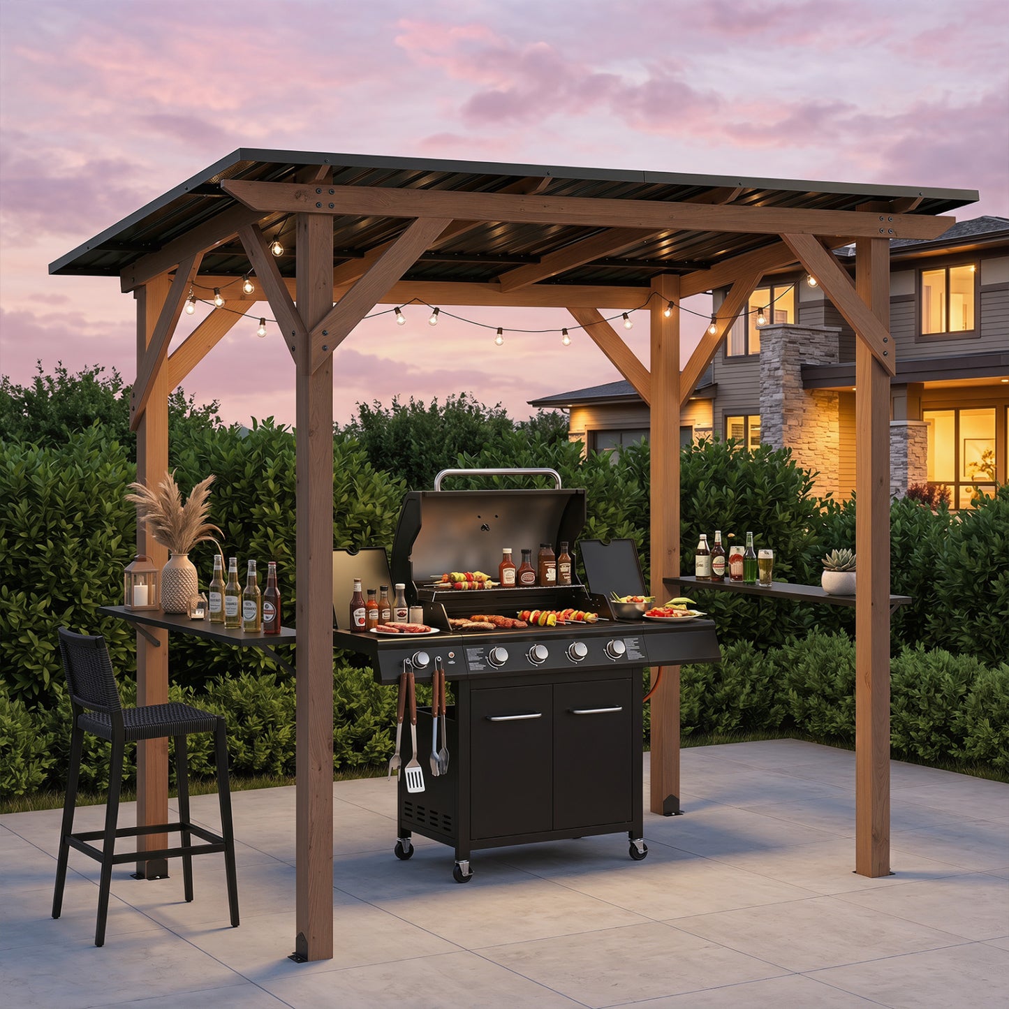 8.6 ft x 5 ft Cedar Wood BBQ Gazebo, Brown