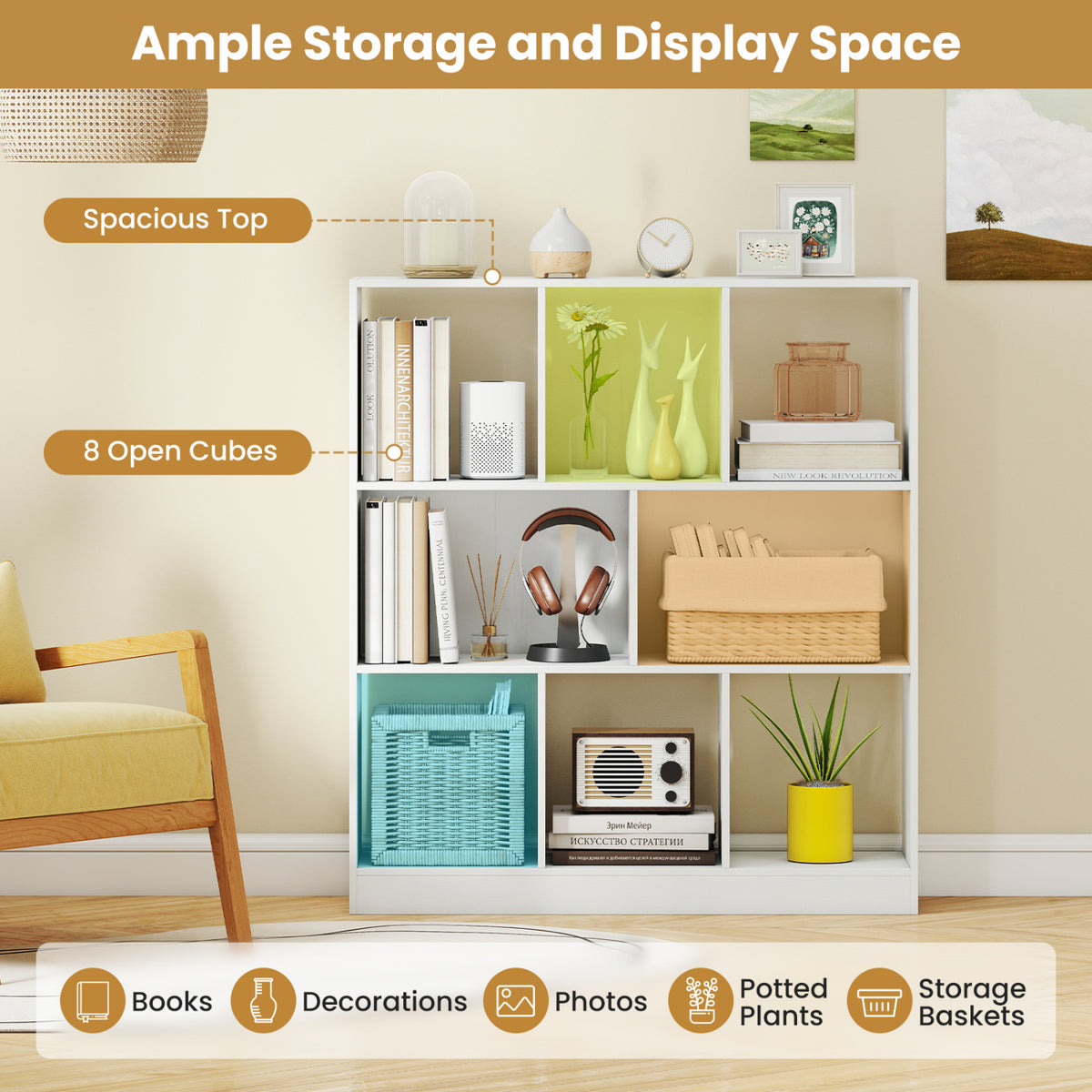 8-Cube Bookcase 3-Tier, Living Room, White