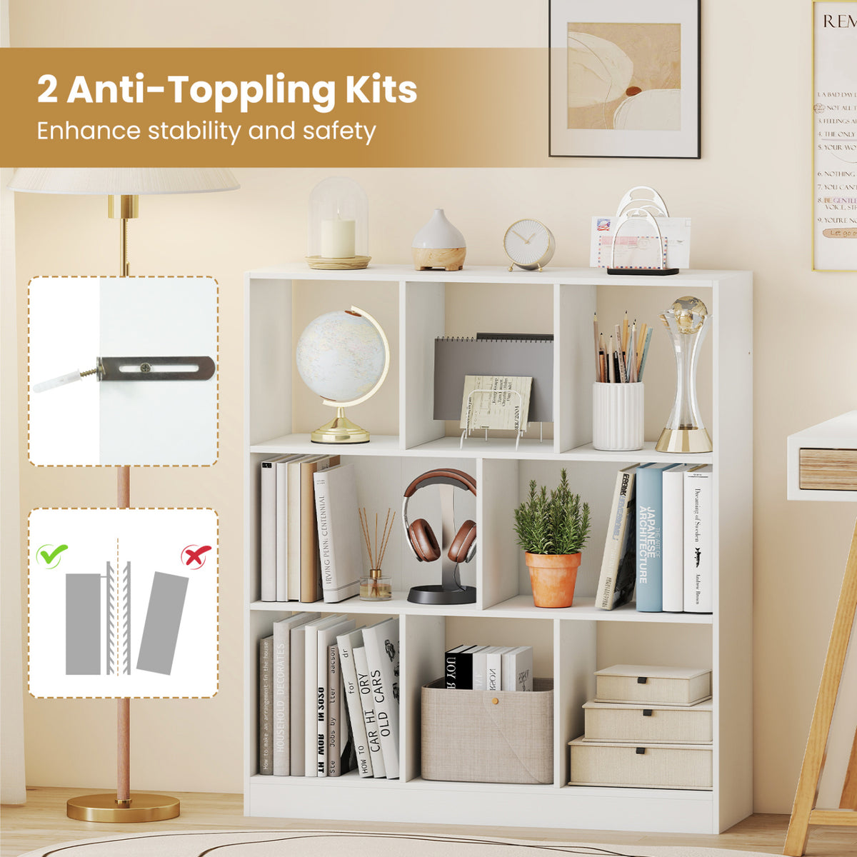 8-Cube Bookcase 3-Tier, Living Room, White