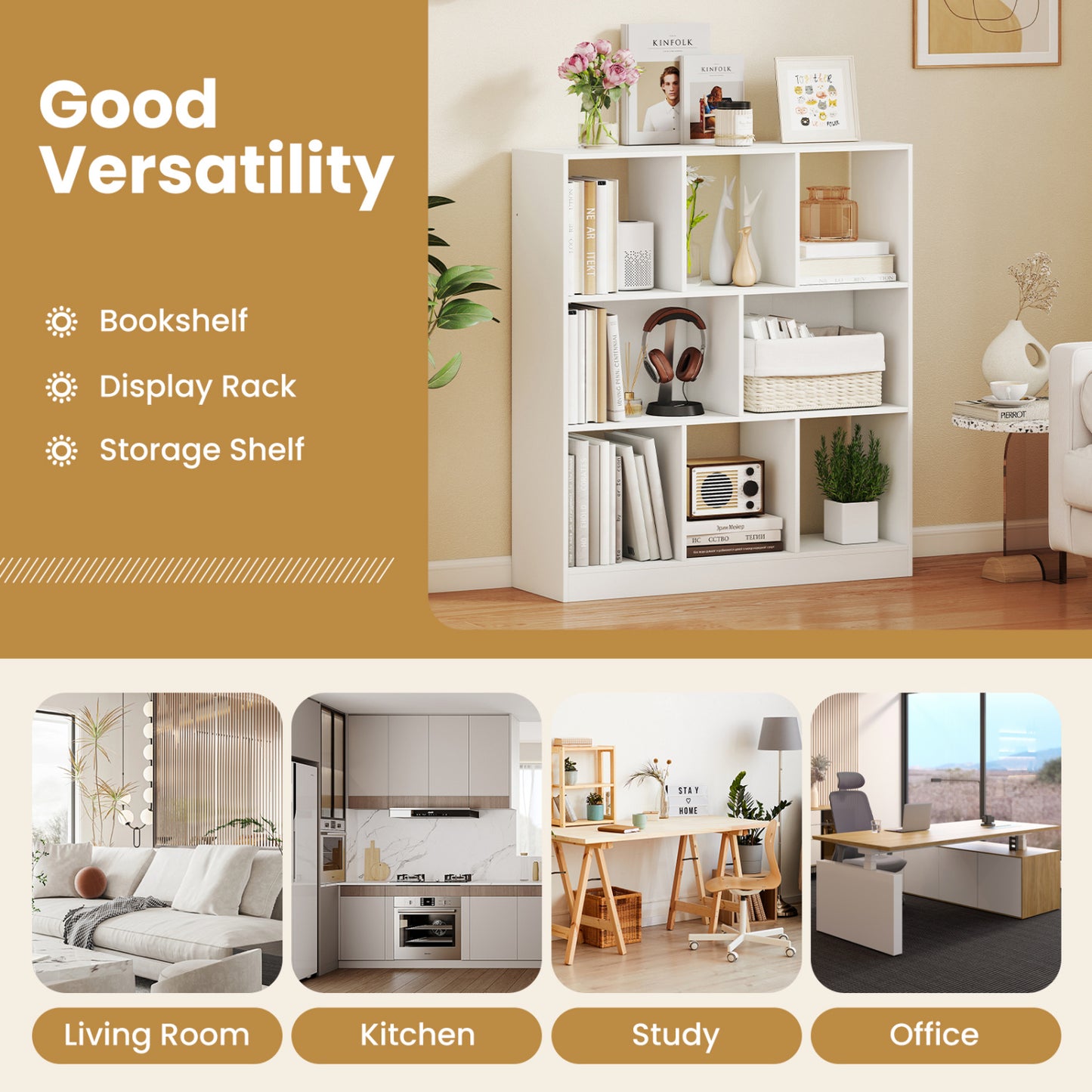8-Cube Bookcase 3-Tier, Living Room, White