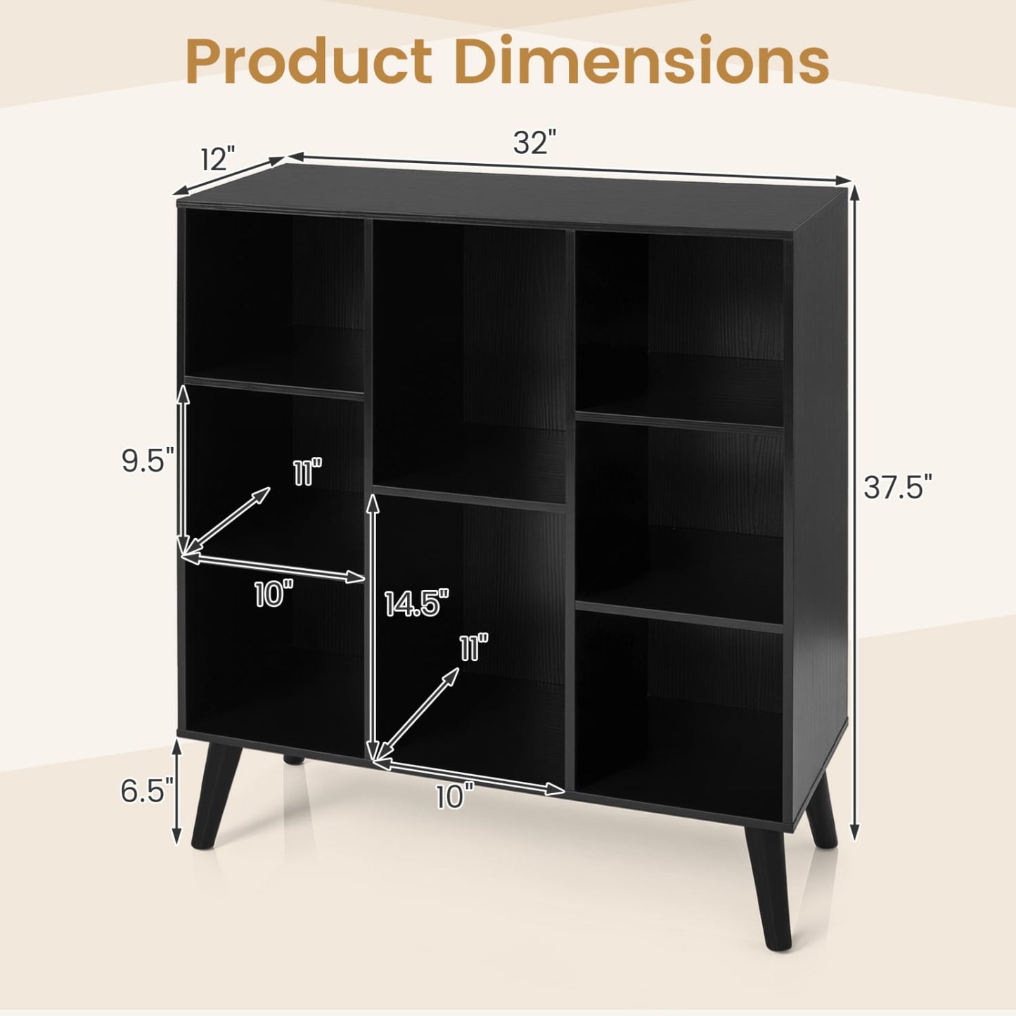 8-Cube Bookcase with Raised Legs, Black
