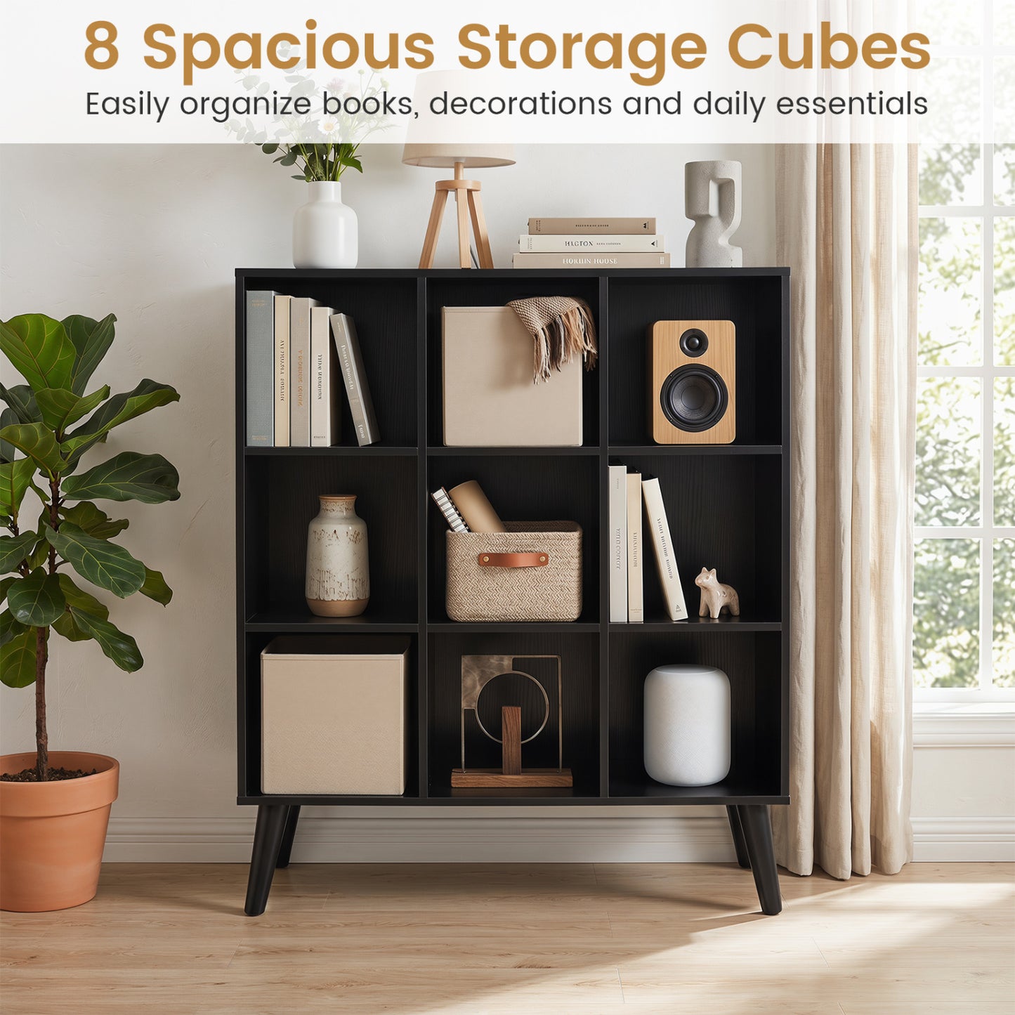 8-Cube Bookcase with Raised Legs, Black