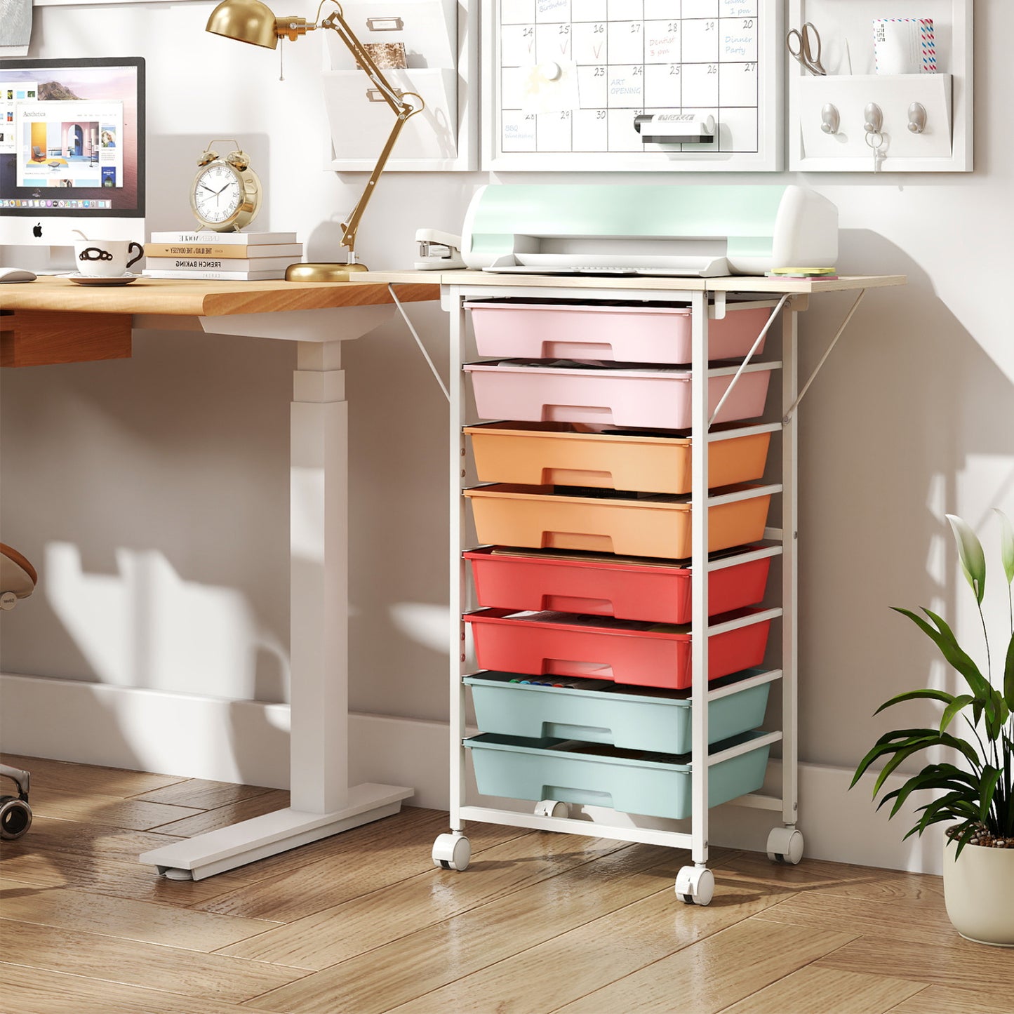 8-Drawer Rolling Cart, Wooden Tabletop, Folding Side Panels, Macaron