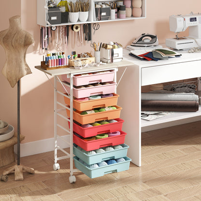 8-Drawer Rolling Cart, Wooden Tabletop, Folding Side Panels, Macaron