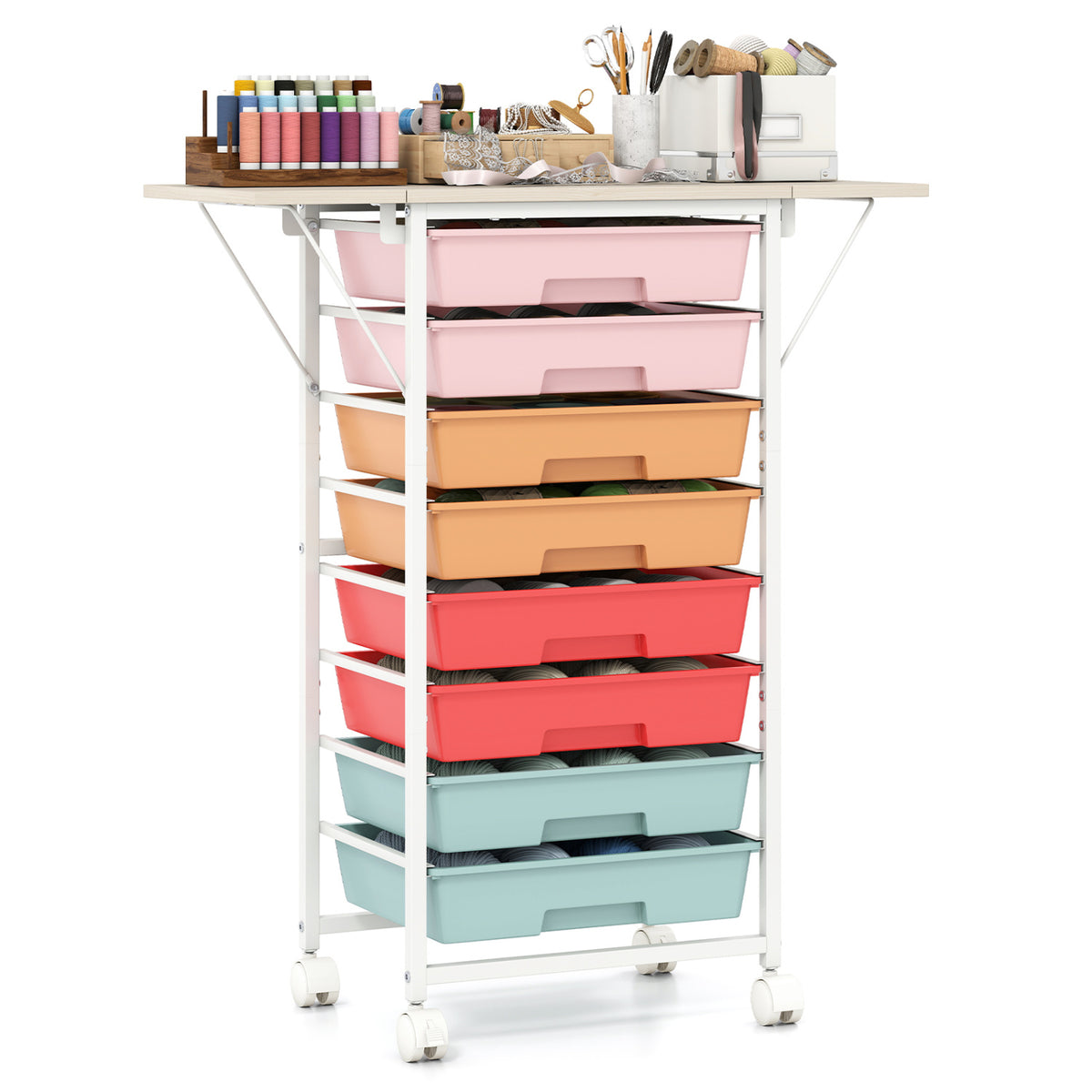 8-Drawer Rolling Cart, Wooden Tabletop, Folding Side Panels, Macaron
