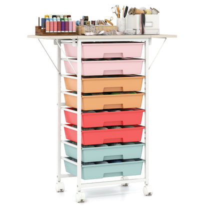 8-Drawer Rolling Cart, Wooden Tabletop, Folding Side Panels, Macaron