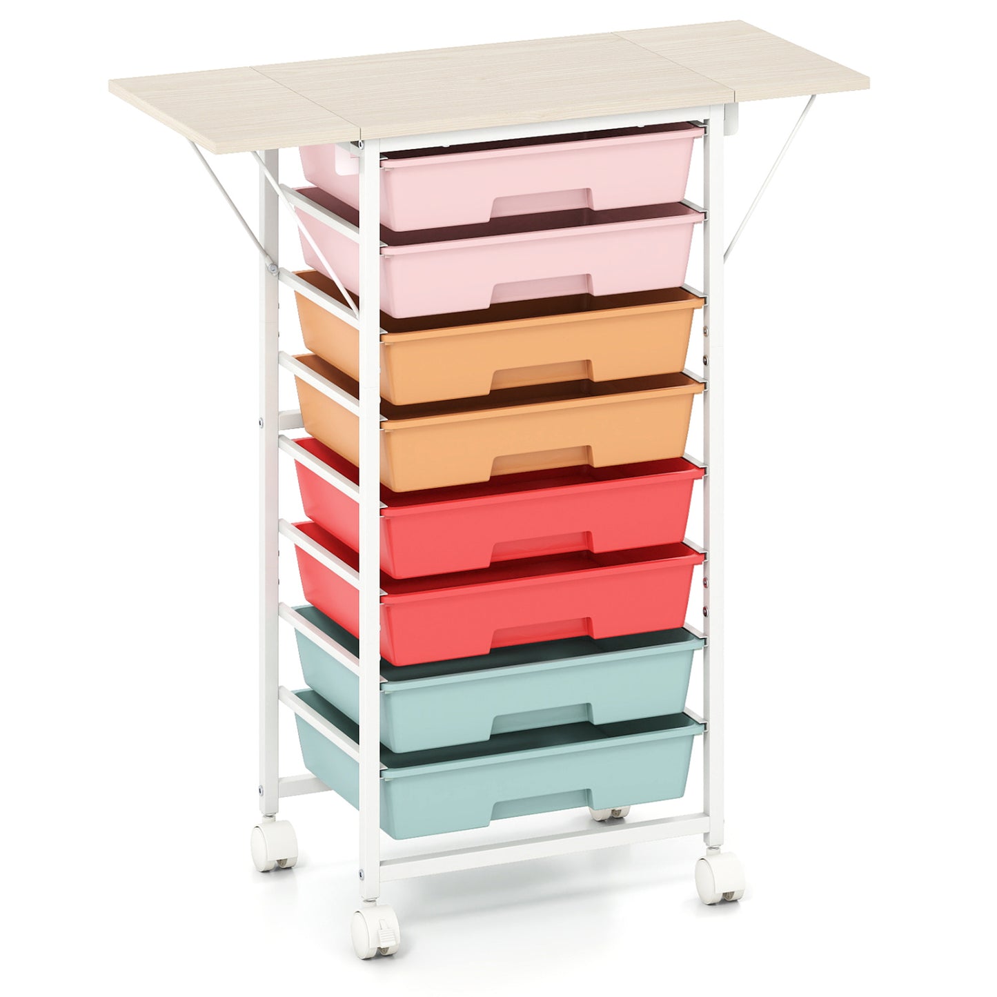 8-Drawer Rolling Cart, Wooden Tabletop, Folding Side Panels, Macaron