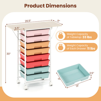 8-Drawer Rolling Cart, Wooden Tabletop, Folding Side Panels, Macaron