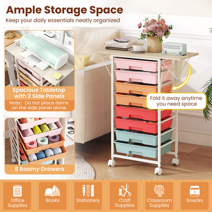 8-Drawer Rolling Cart, Wooden Tabletop, Folding Side Panels, Macaron