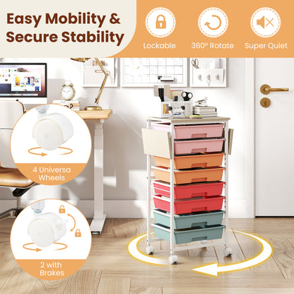 8-Drawer Rolling Cart, Wooden Tabletop, Folding Side Panels, Macaron