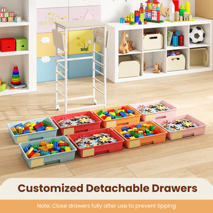 8-Drawer Rolling Cart, Wooden Tabletop, Folding Side Panels, Macaron